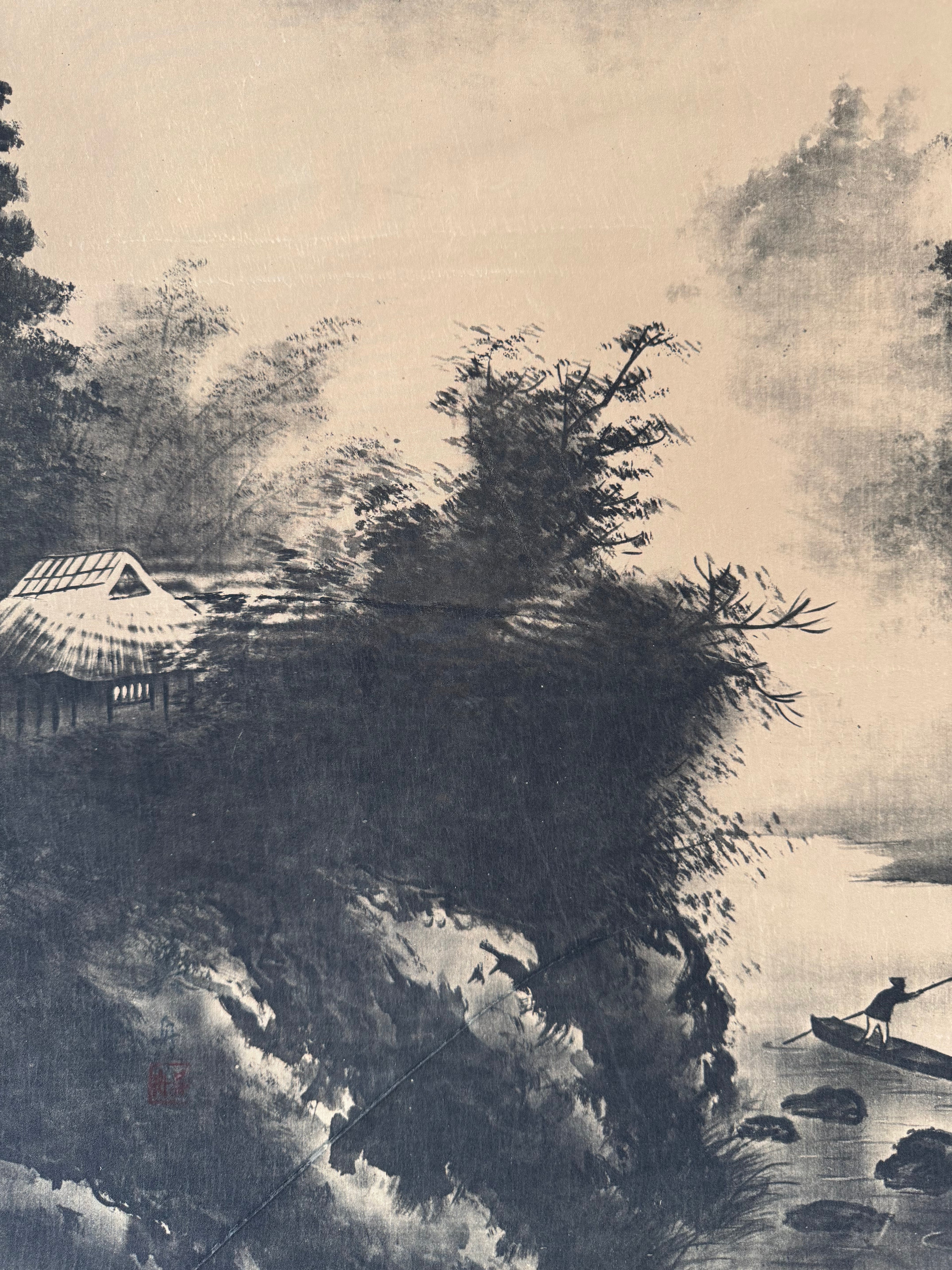 Vintage Japanese Landscape Kakemono Print - Sumi-Ink Mountain & River Hanging Scroll