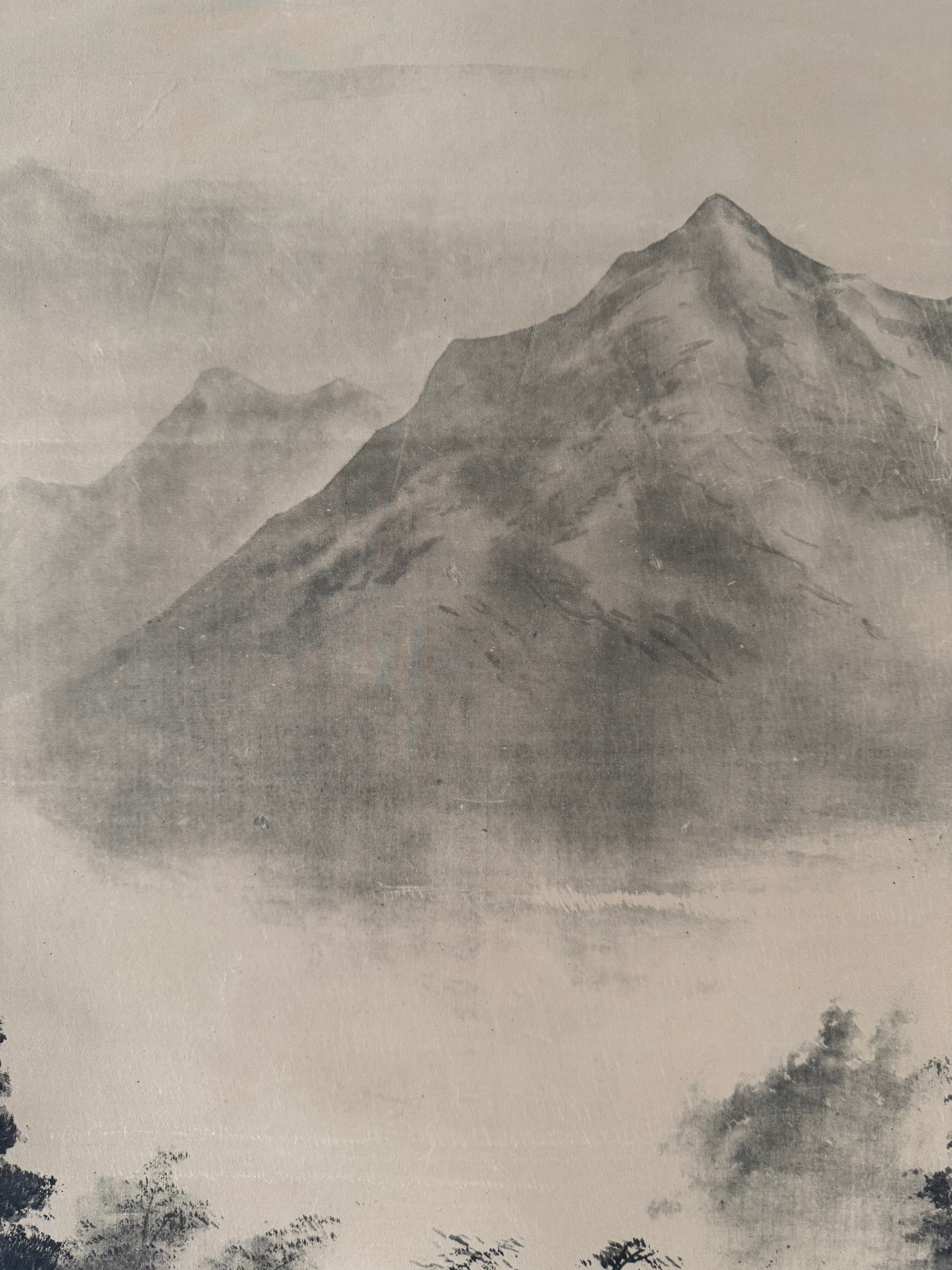 Vintage Japanese Landscape Kakemono Print - Sumi-Ink Mountain & River Hanging Scroll