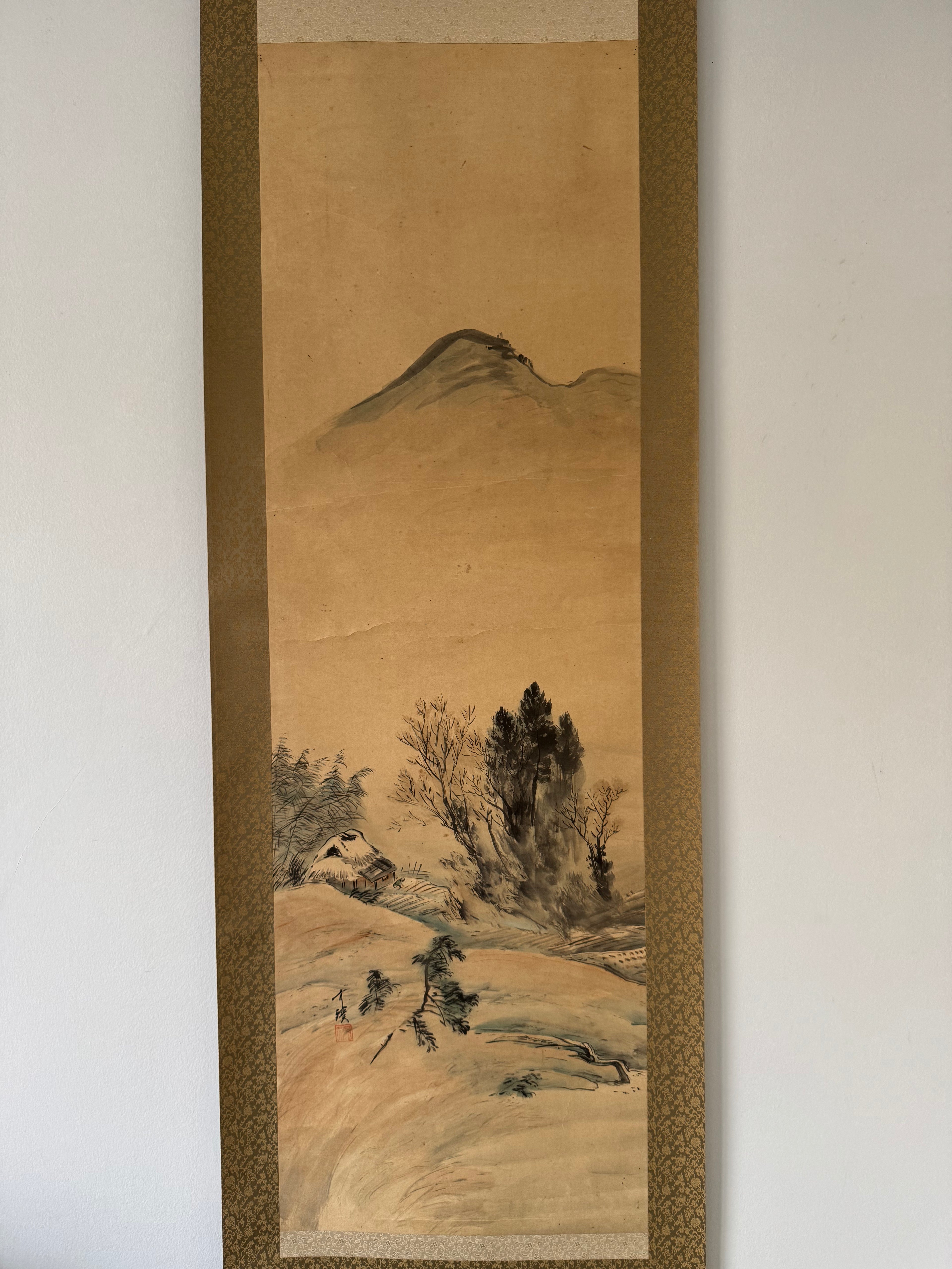 Vintage Japanese Landscape Kakemono Scroll – Misty Mountain Village Ink Painting – Traditional Sansui Wall Art