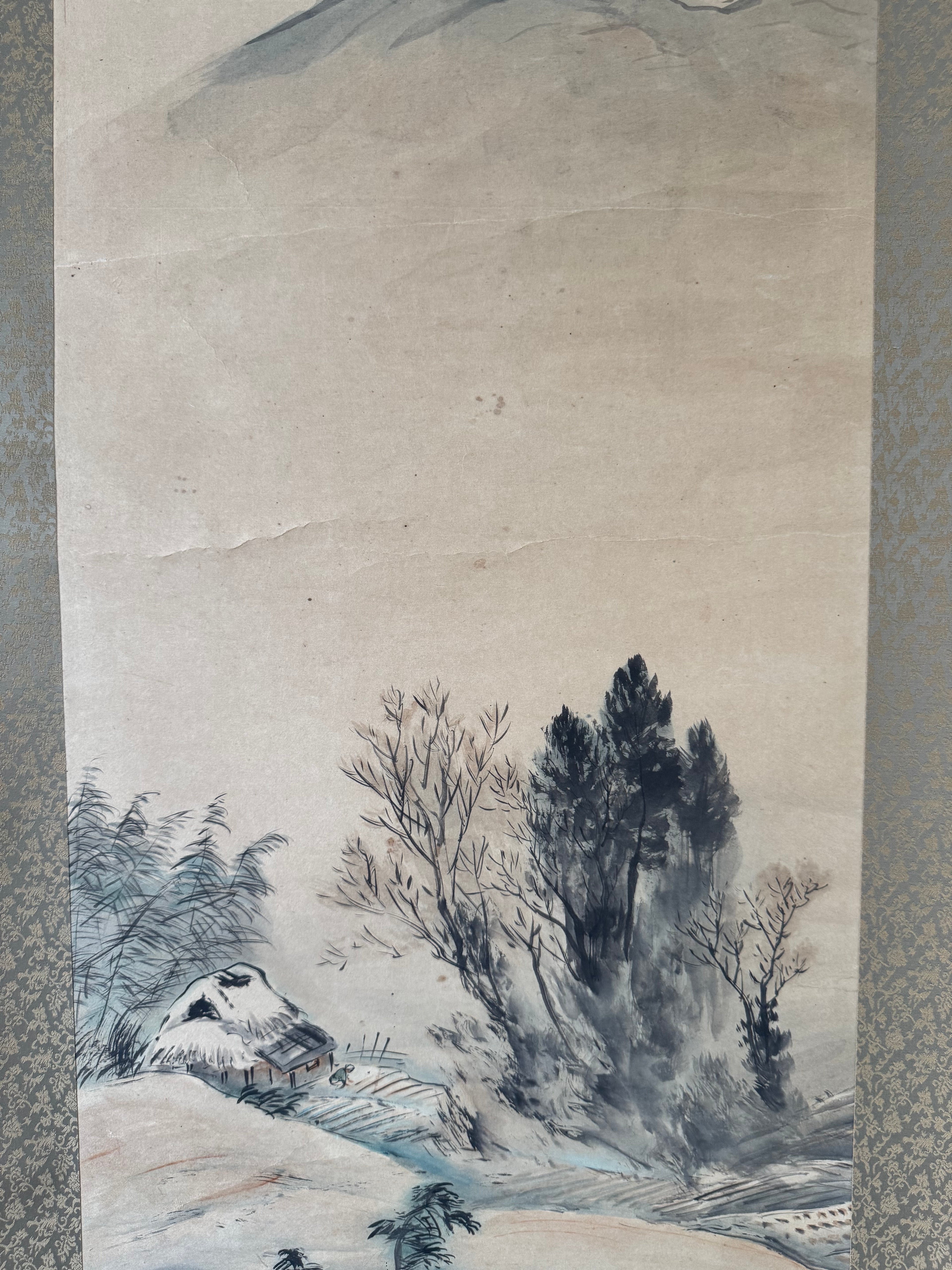 Vintage Japanese Landscape Kakemono Scroll – Misty Mountain Village Ink Painting – Traditional Sansui Wall Art