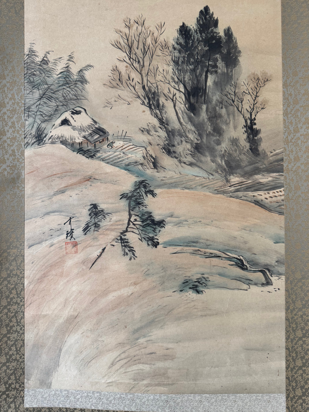 Vintage Japanese Landscape Kakemono Scroll – Misty Mountain Village Ink Painting – Traditional Sansui Wall Art