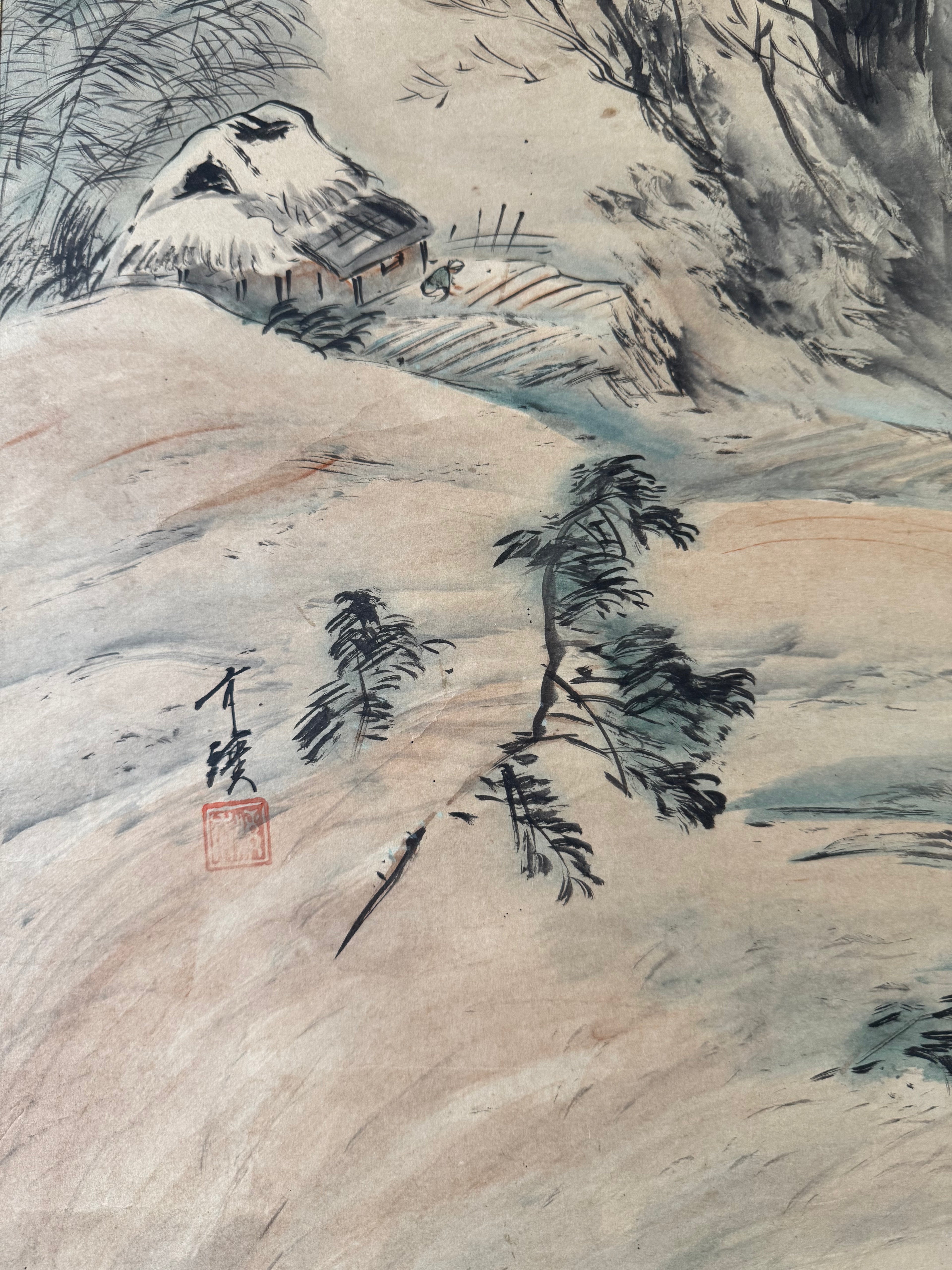 Vintage Japanese Landscape Kakemono Scroll – Misty Mountain Village Ink Painting – Traditional Sansui Wall Art