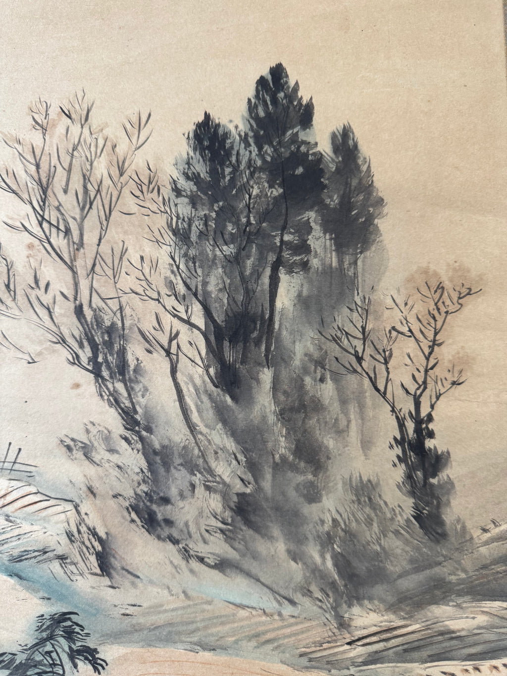 Vintage Japanese Landscape Kakemono Scroll – Misty Mountain Village Ink Painting – Traditional Sansui Wall Art