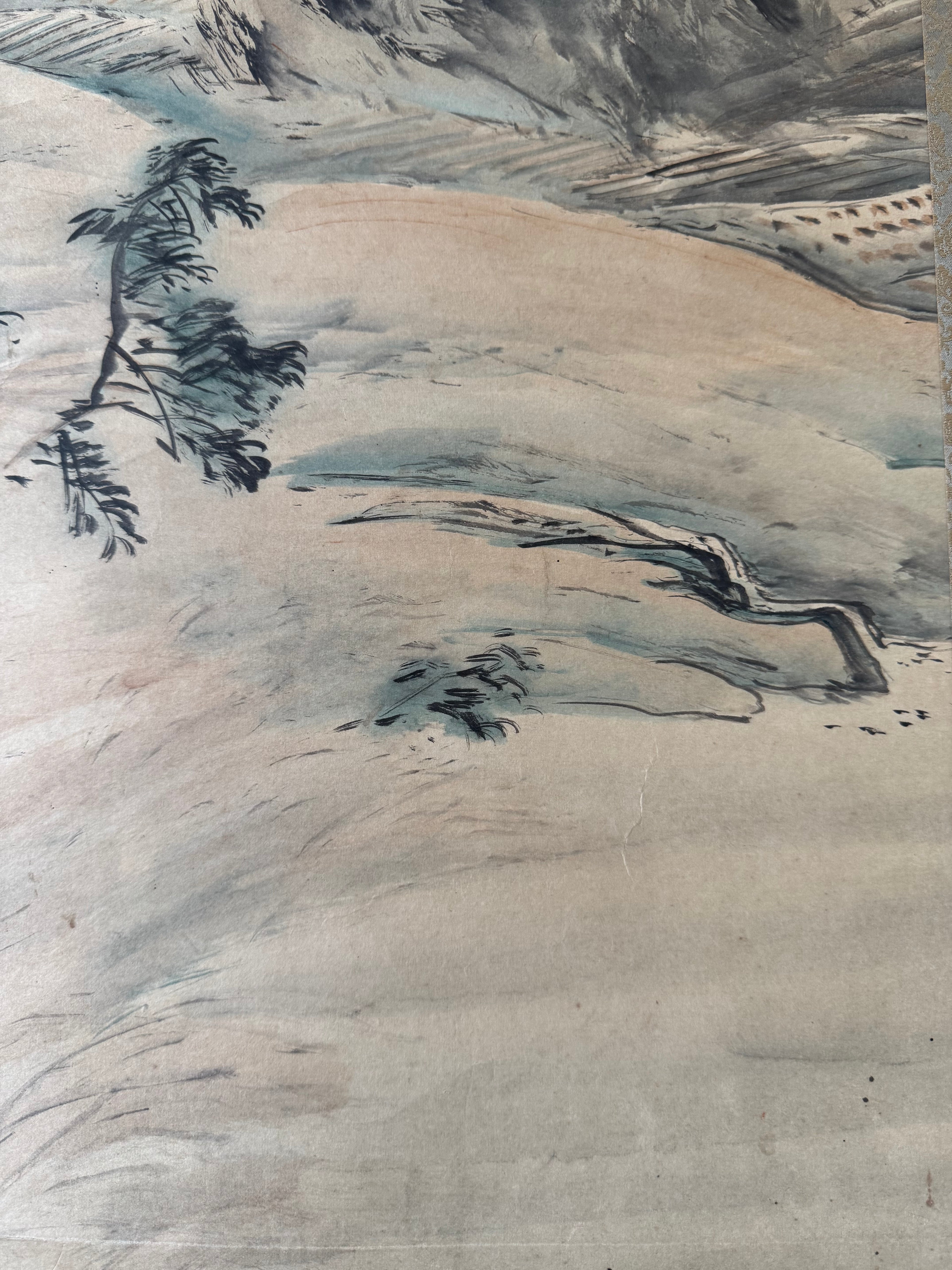 Vintage Japanese Landscape Kakemono Scroll – Misty Mountain Village Ink Painting – Traditional Sansui Wall Art