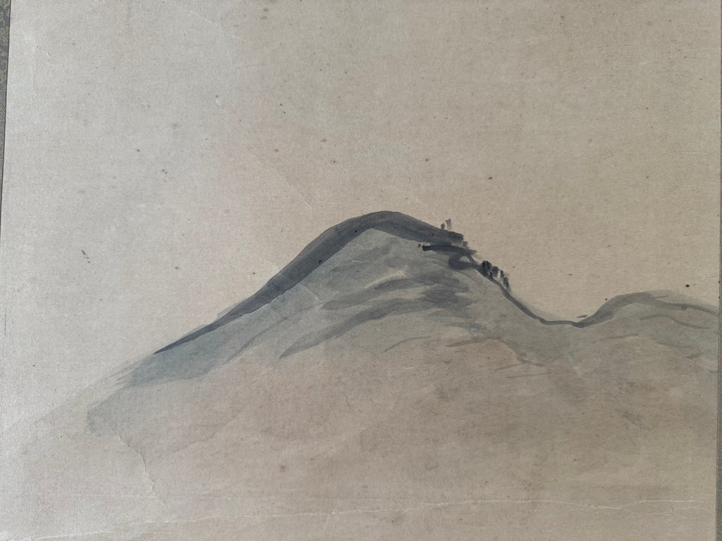Vintage Japanese Landscape Kakemono Scroll – Misty Mountain Village Ink Painting – Traditional Sansui Wall Art