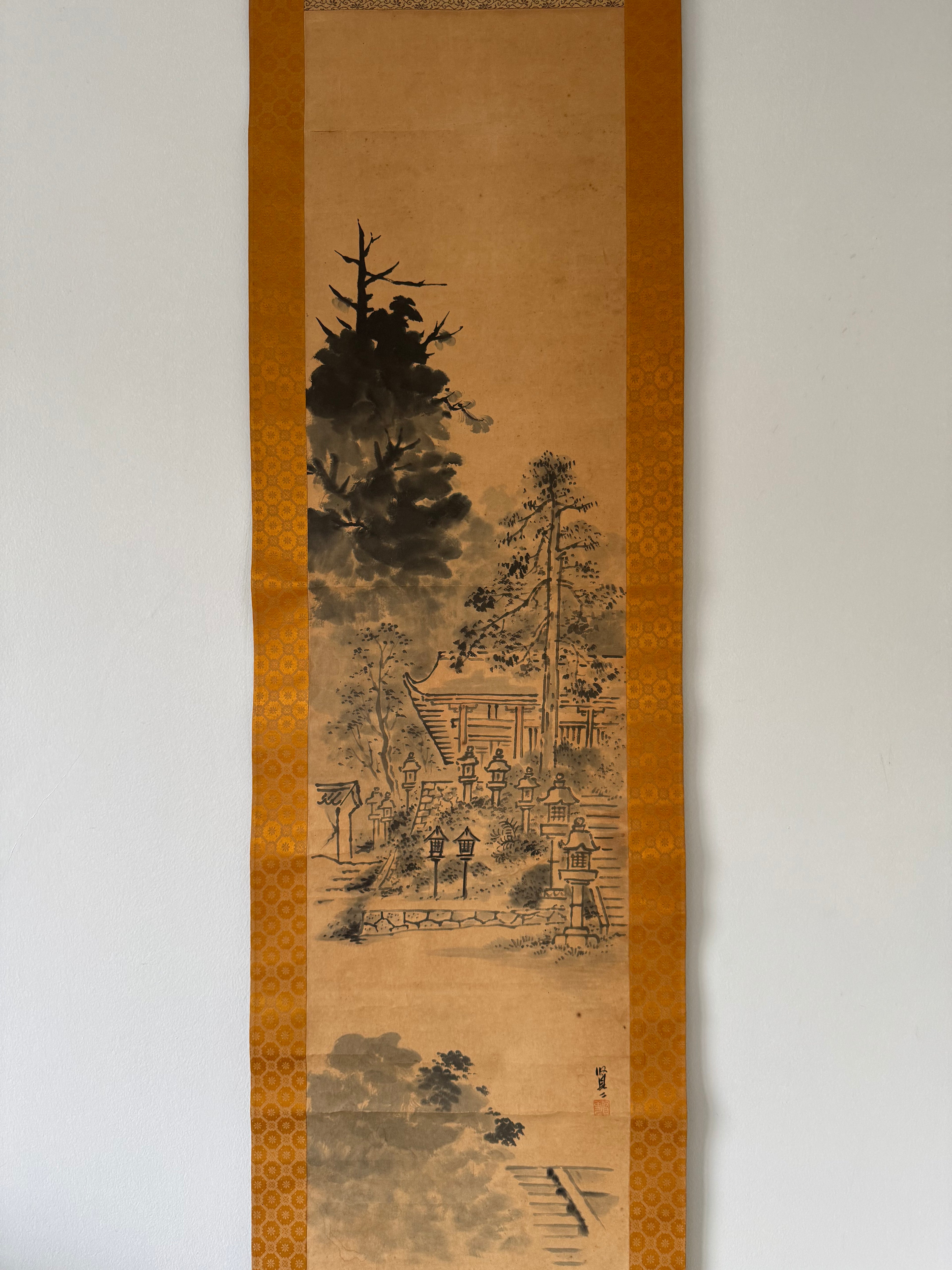 Vintage Japanese Kakemono Ink Landscape with Shrine Architecture – Temple Grounds Scene Scroll Painting