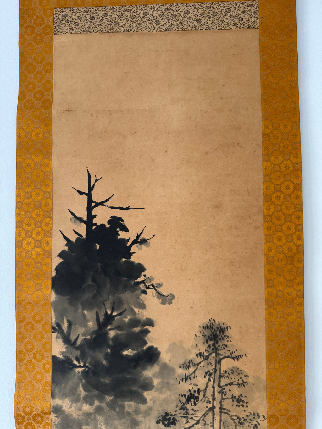 Vintage Japanese Kakemono Ink Landscape with Shrine Architecture – Temple Grounds Scene Scroll Painting