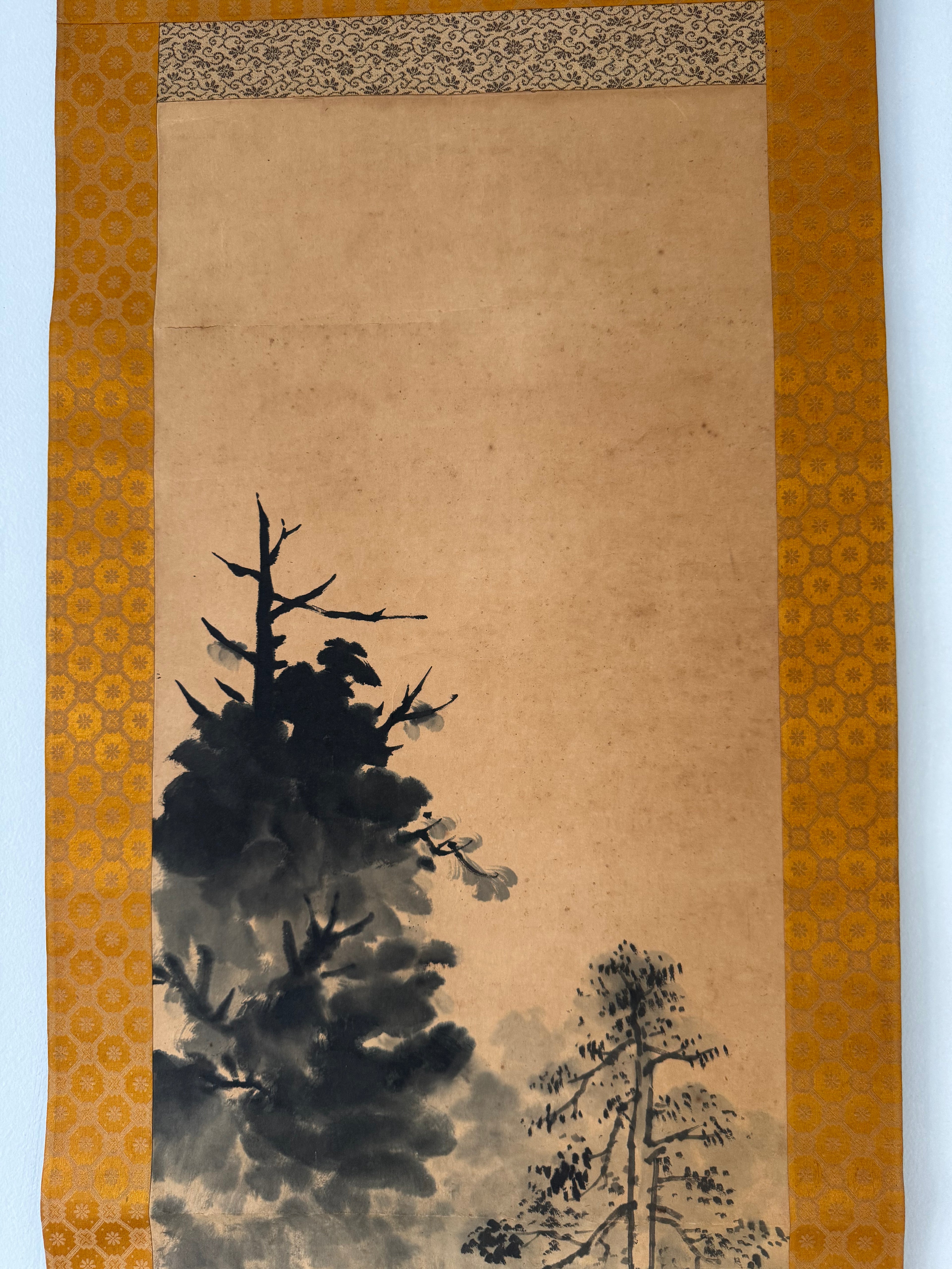 Vintage Japanese Kakemono Ink Landscape with Shrine Architecture – Temple Grounds Scene Scroll Painting