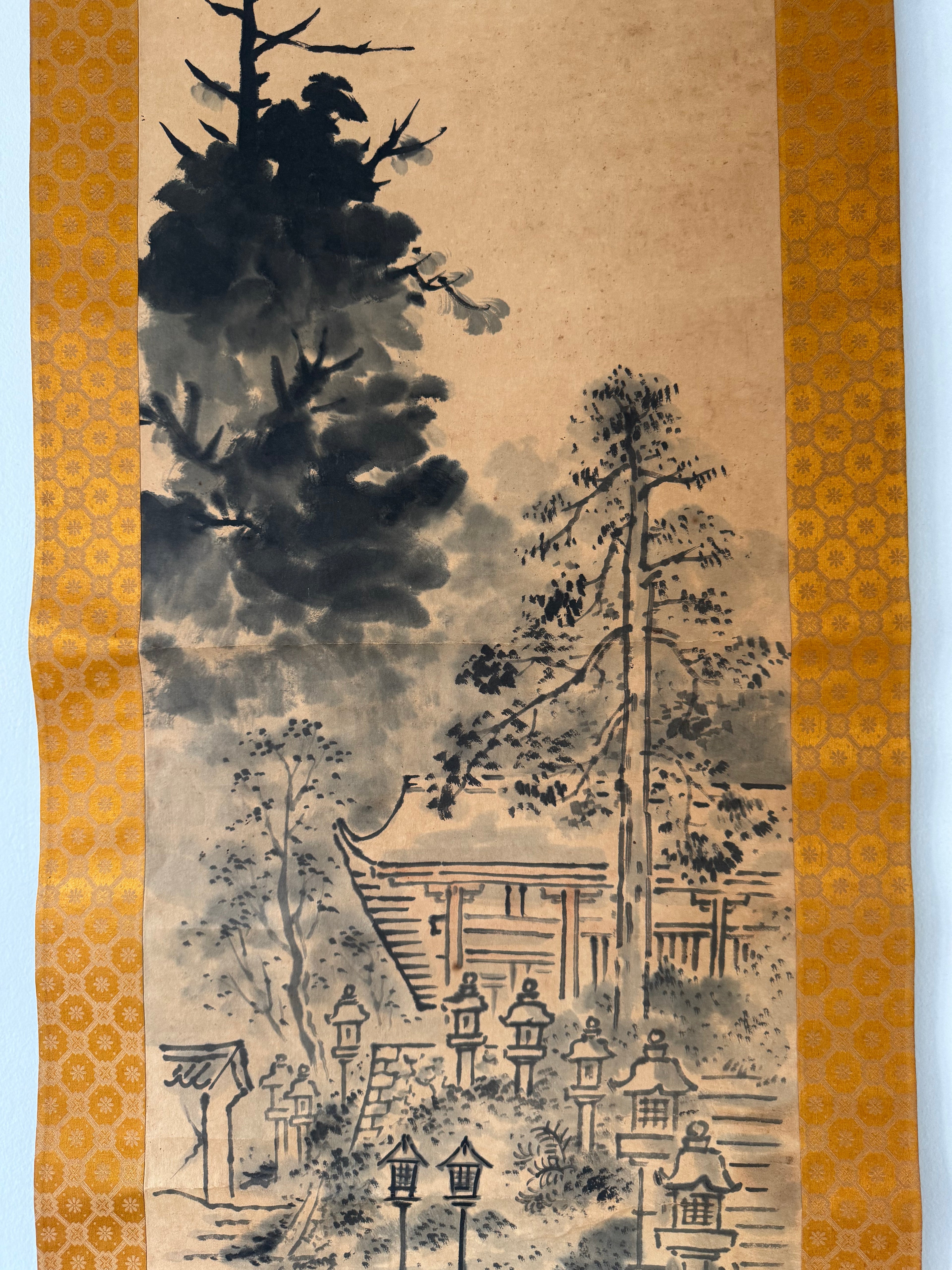 Vintage Japanese Kakemono Ink Landscape with Shrine Architecture – Temple Grounds Scene Scroll Painting