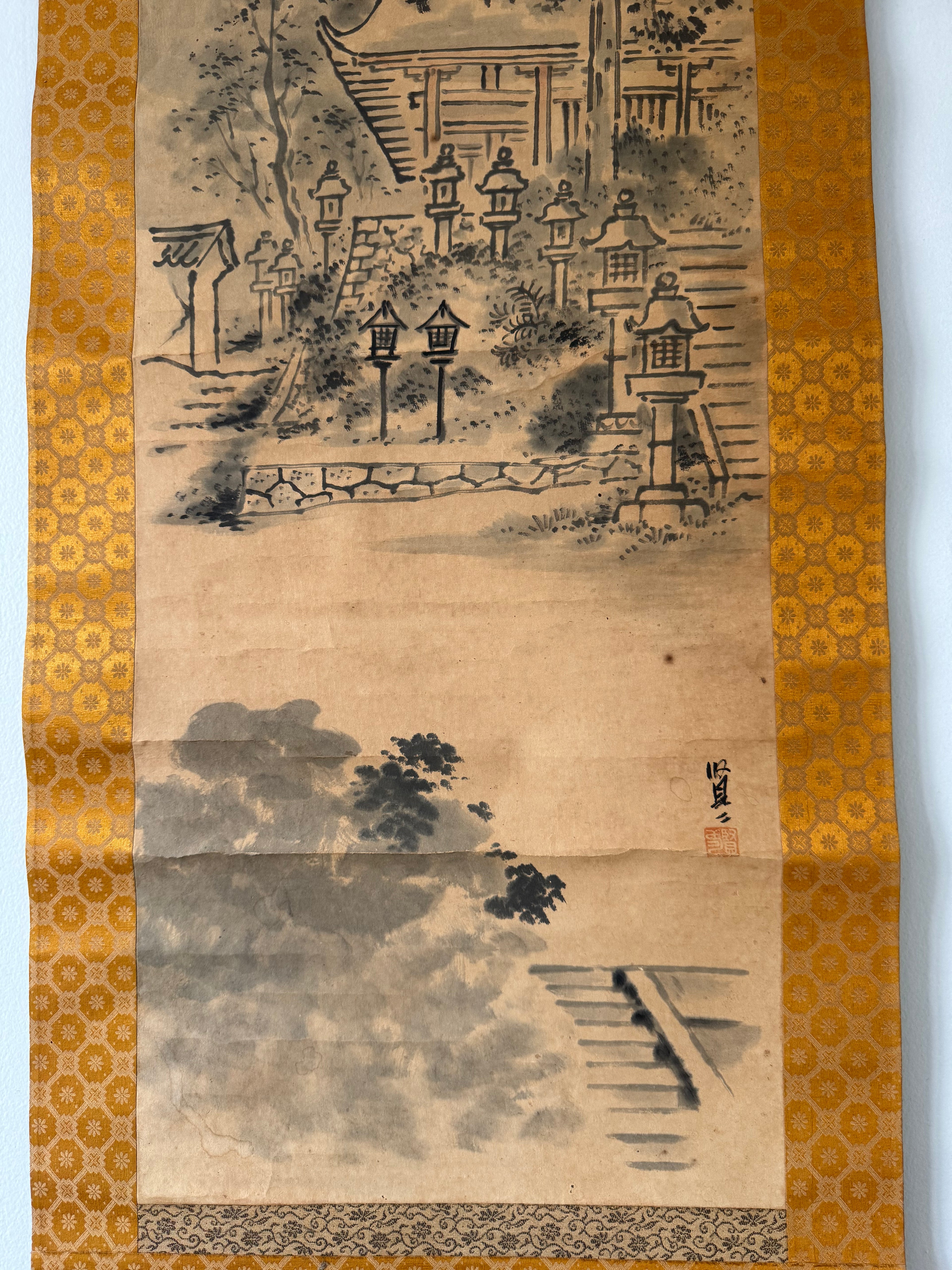 Vintage Japanese Kakemono Ink Landscape with Shrine Architecture – Temple Grounds Scene Scroll Painting