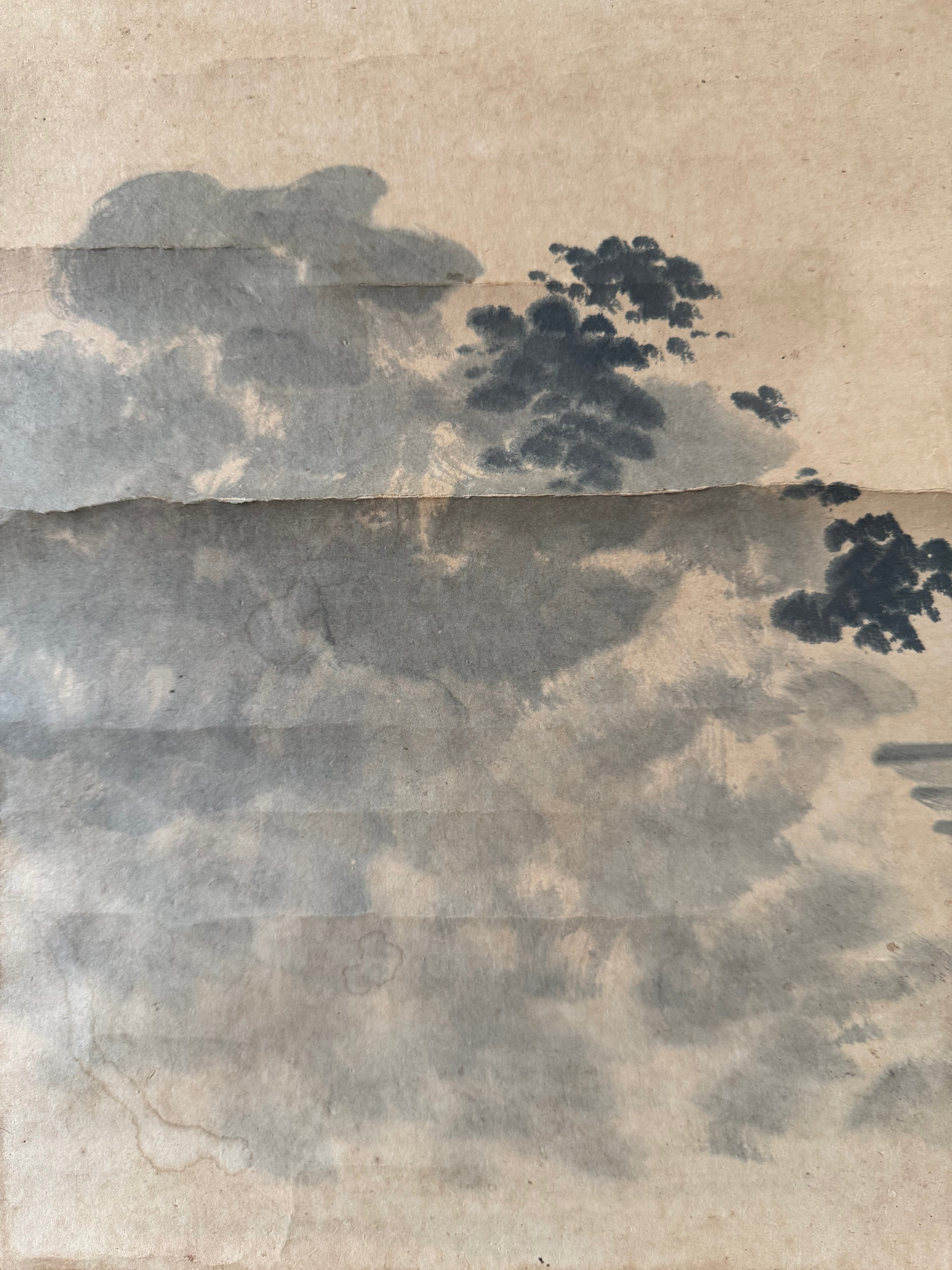 Vintage Japanese Kakemono Ink Landscape with Shrine Architecture – Temple Grounds Scene Scroll Painting