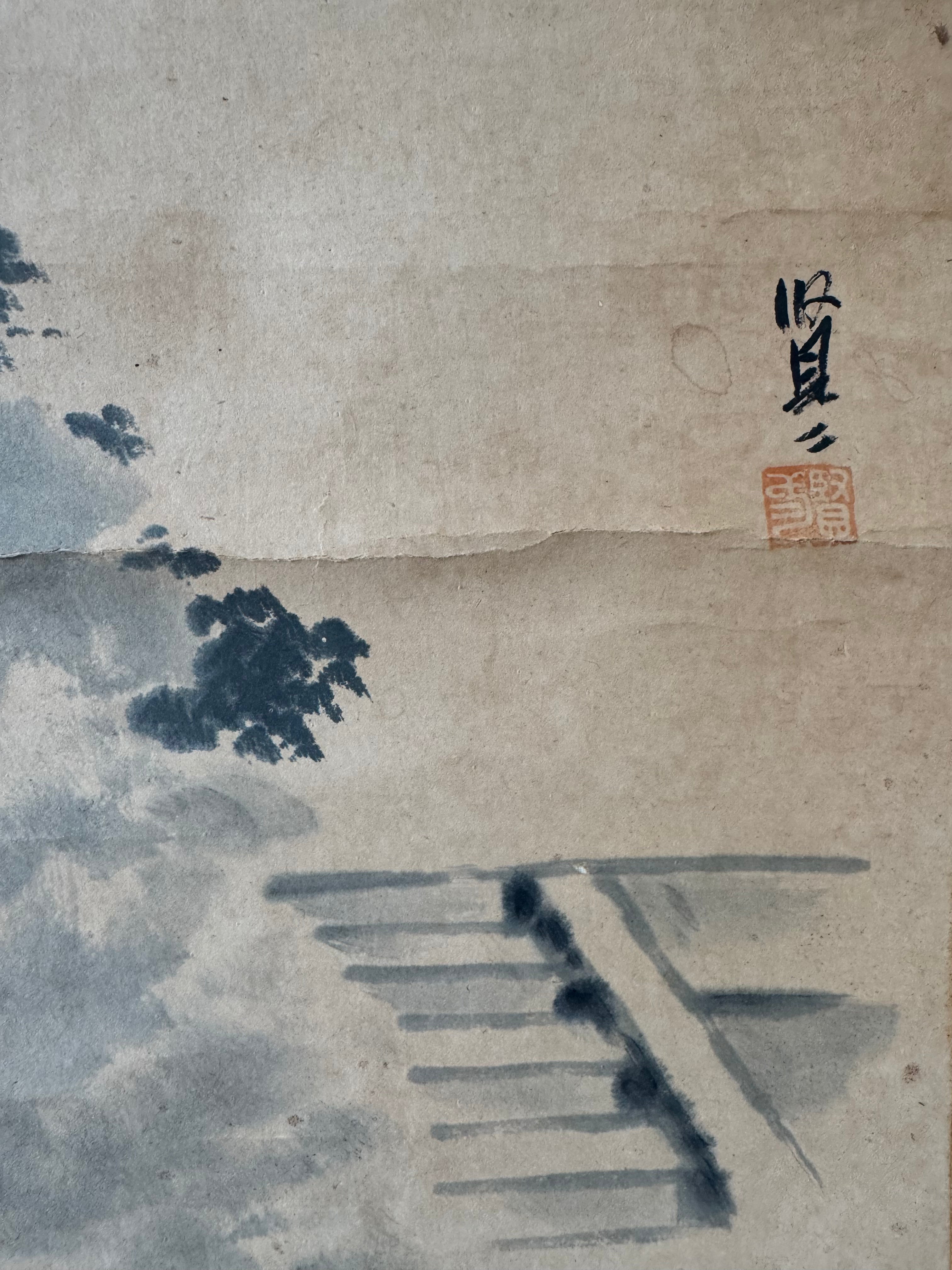 Vintage Japanese Kakemono Ink Landscape with Shrine Architecture – Temple Grounds Scene Scroll Painting