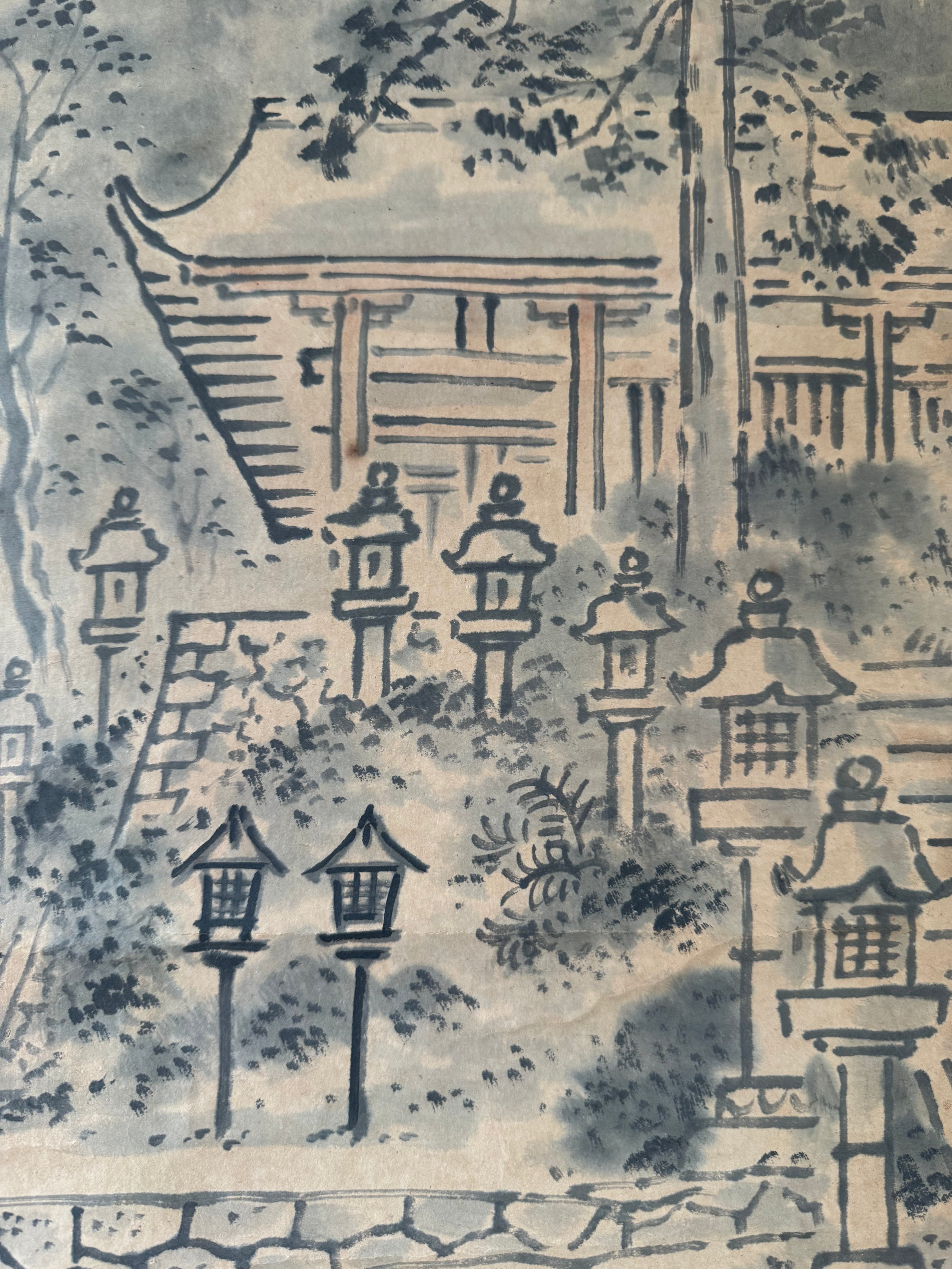 Vintage Japanese Kakemono Ink Landscape with Shrine Architecture – Temple Grounds Scene Scroll Painting