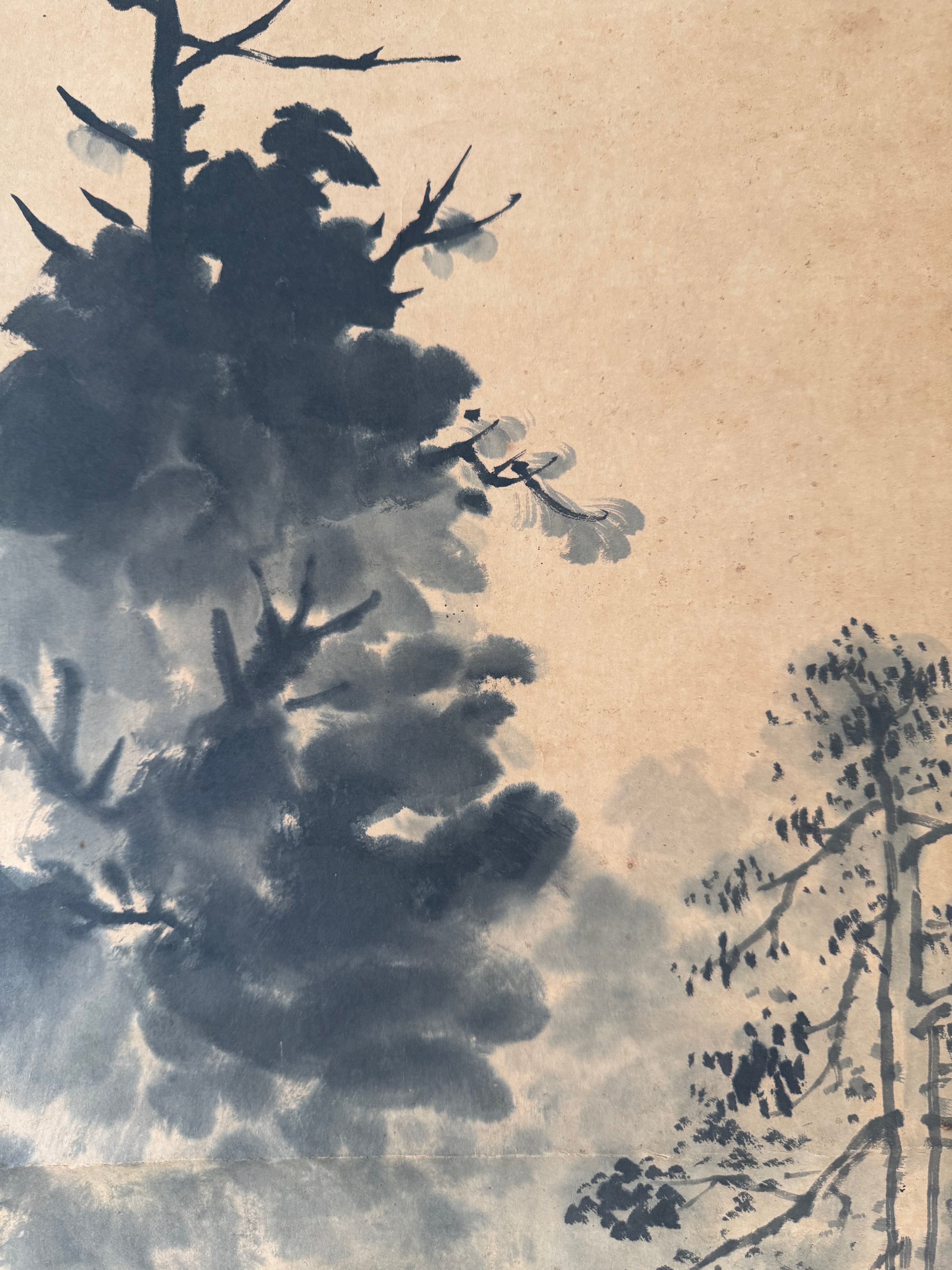 Vintage Japanese Kakemono Ink Landscape with Shrine Architecture – Temple Grounds Scene Scroll Painting