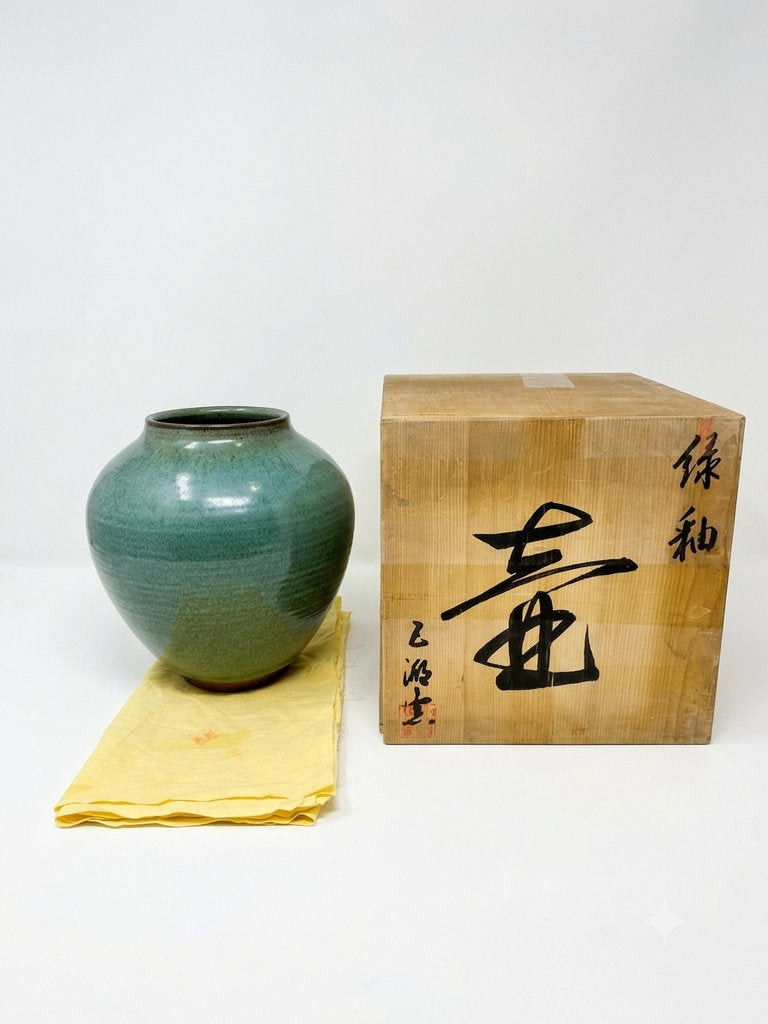 Vintage Japanese Studio Vase, Deep Blue-Teal Flowing Glaze, Signed