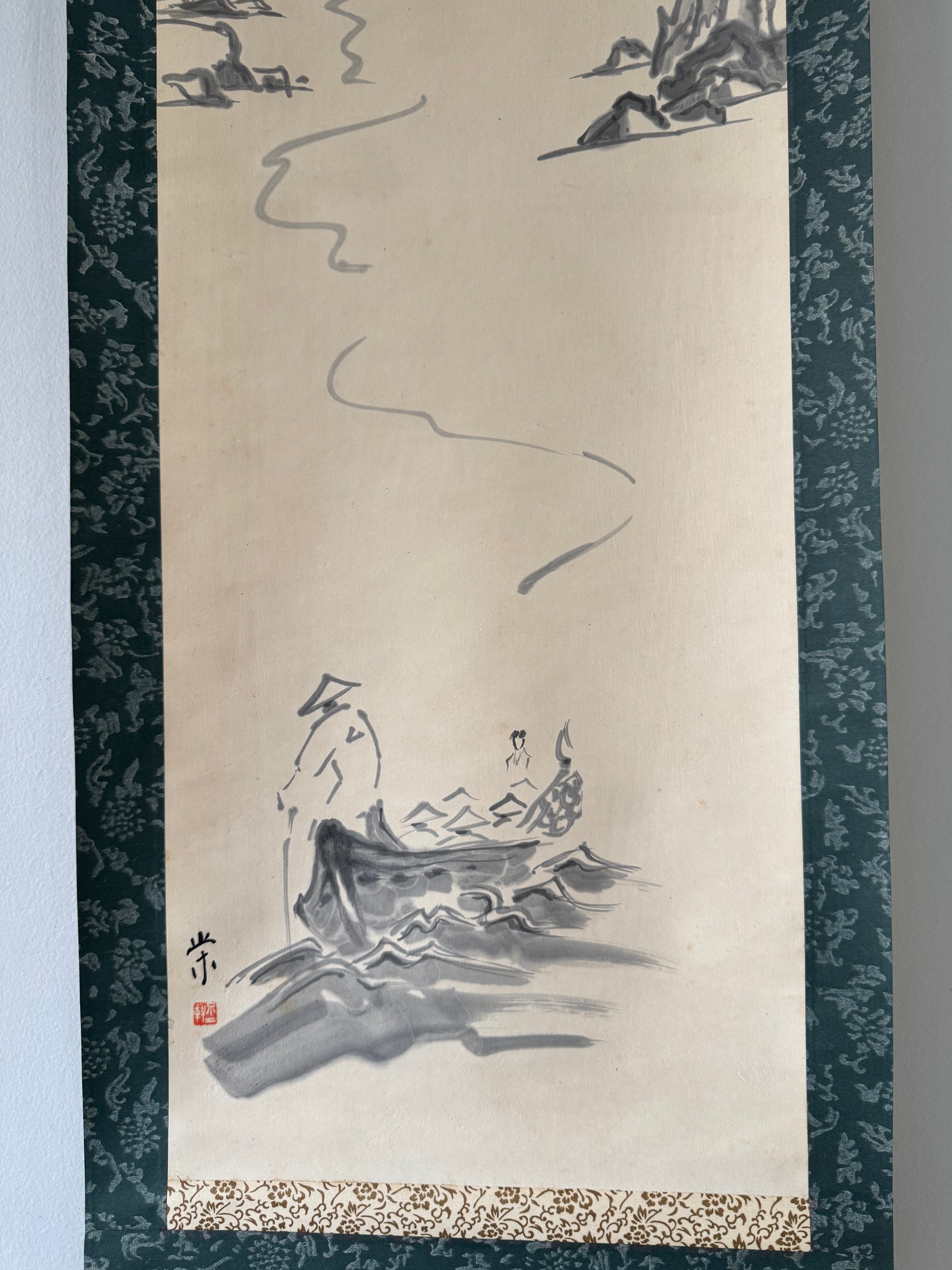 Vintage Japanese Kakemono Sumi-e Landscape Scroll – Stone Bridge & Boat Scene with Calligraphy, Showa Era Wall Art