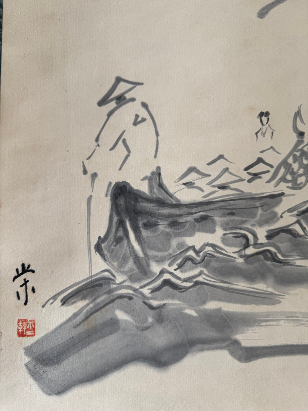 Vintage Japanese Kakemono Sumi-e Landscape Scroll – Stone Bridge & Boat Scene with Calligraphy, Showa Era Wall Art