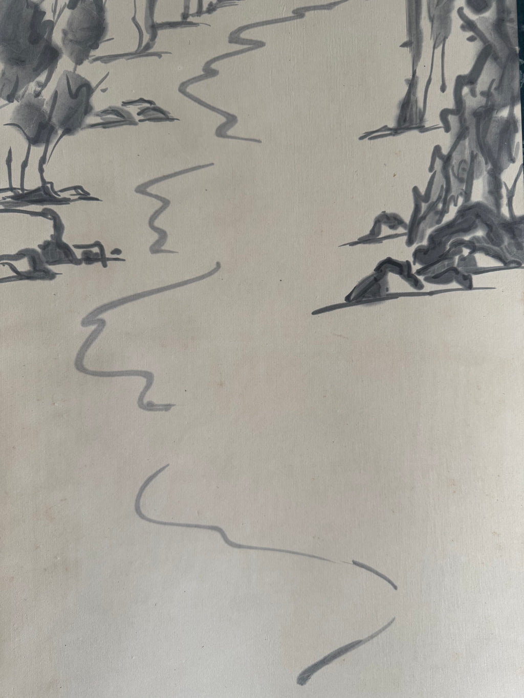 Vintage Japanese Kakemono Sumi-e Landscape Scroll – Stone Bridge & Boat Scene with Calligraphy, Showa Era Wall Art