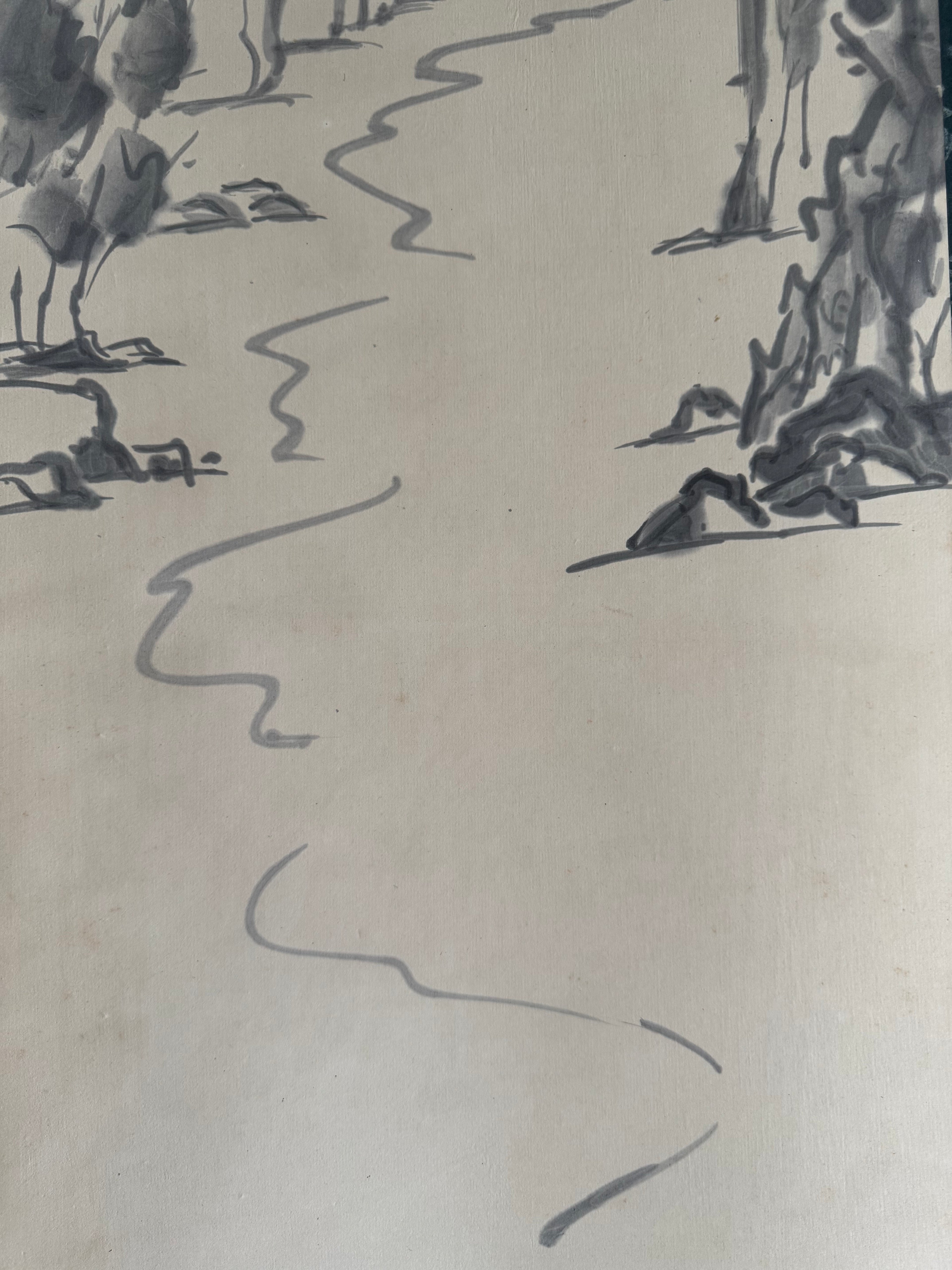 Vintage Japanese Kakemono Sumi-e Landscape Scroll – Stone Bridge & Boat Scene with Calligraphy, Showa Era Wall Art