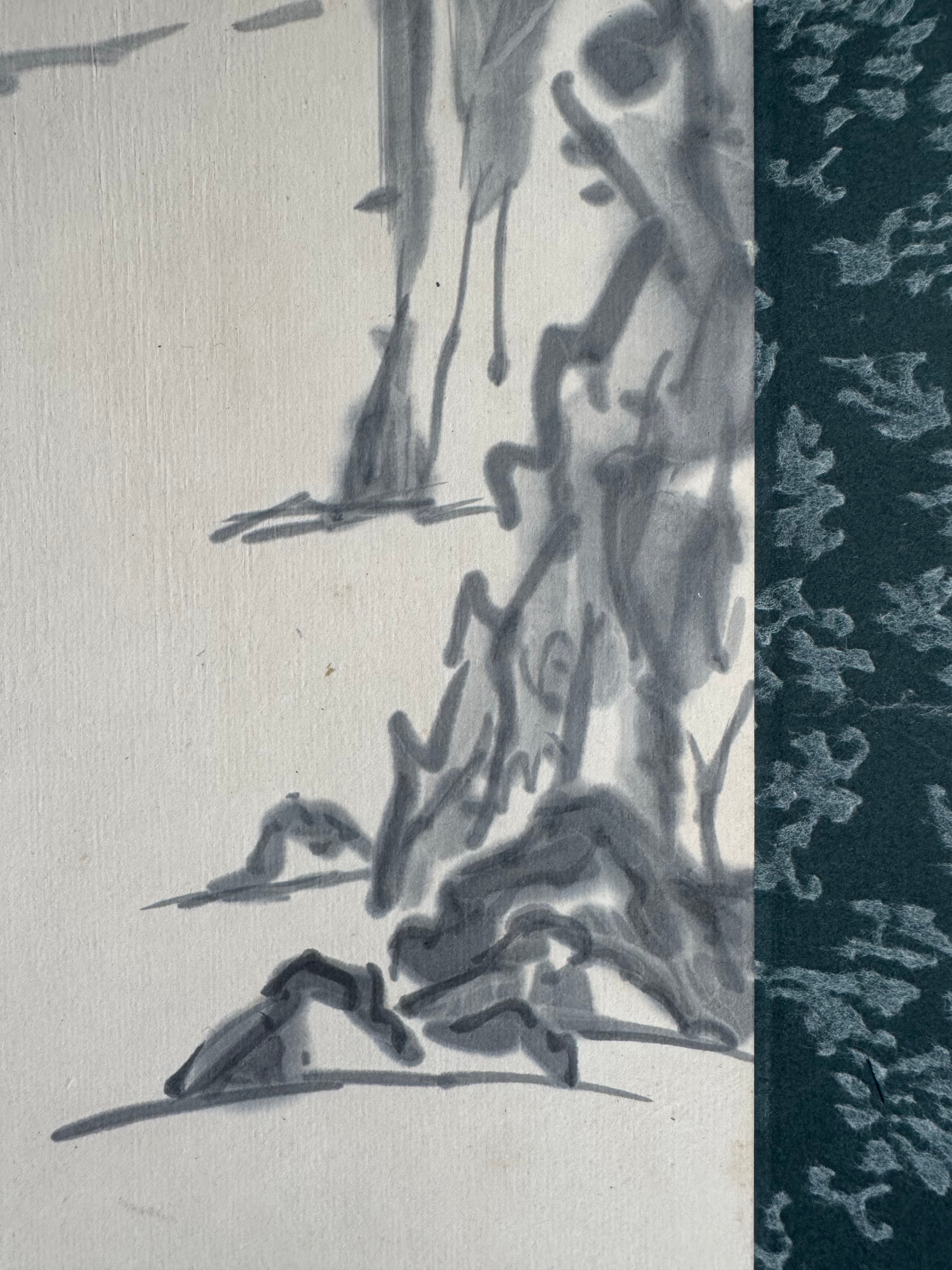 Vintage Japanese Kakemono Sumi-e Landscape Scroll – Stone Bridge & Boat Scene with Calligraphy, Showa Era Wall Art