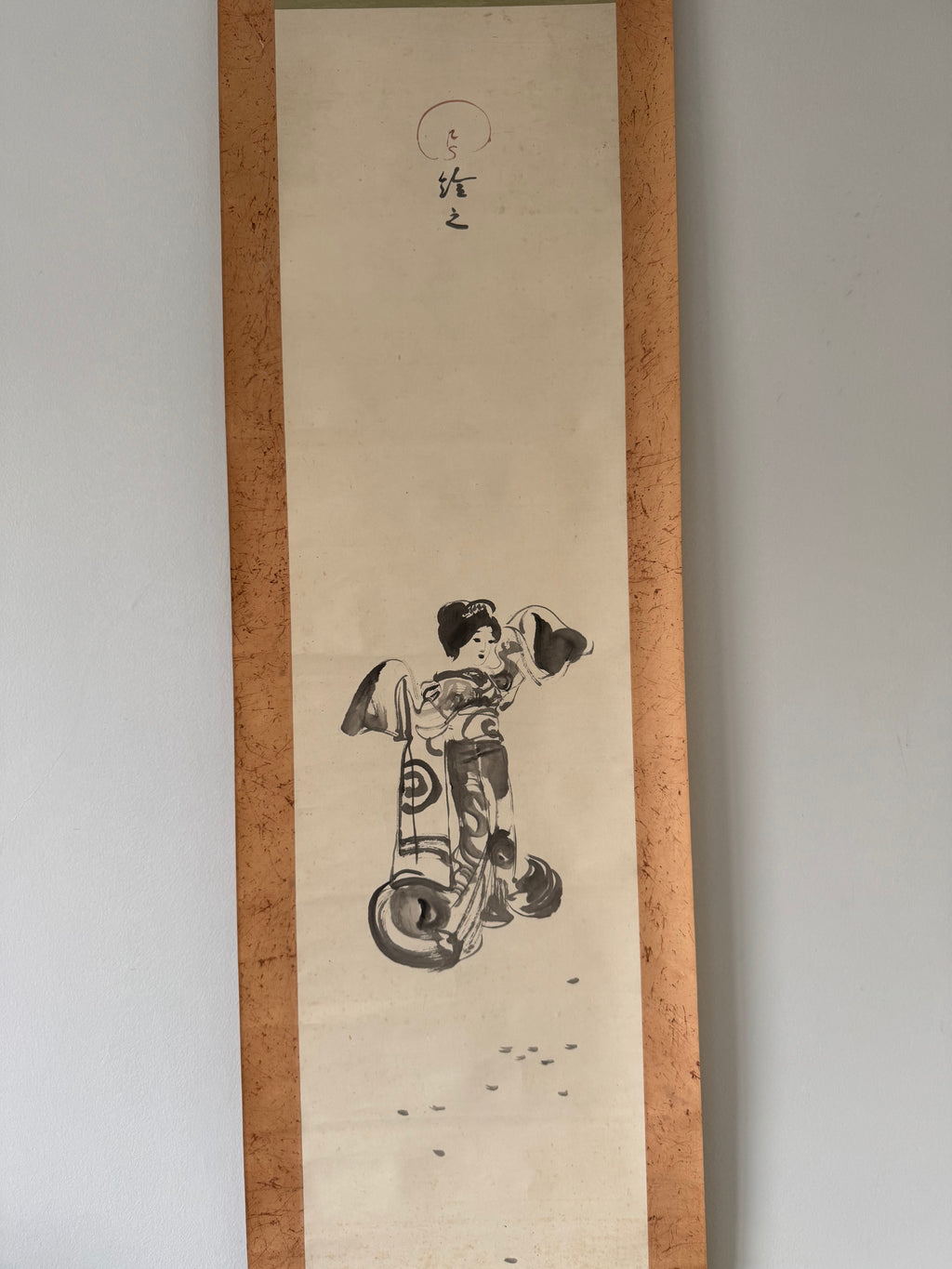 Japanese Kakemono Ink Painting – Kimono Girl Figure Scroll, Sumi-e Artwork, Showa Period