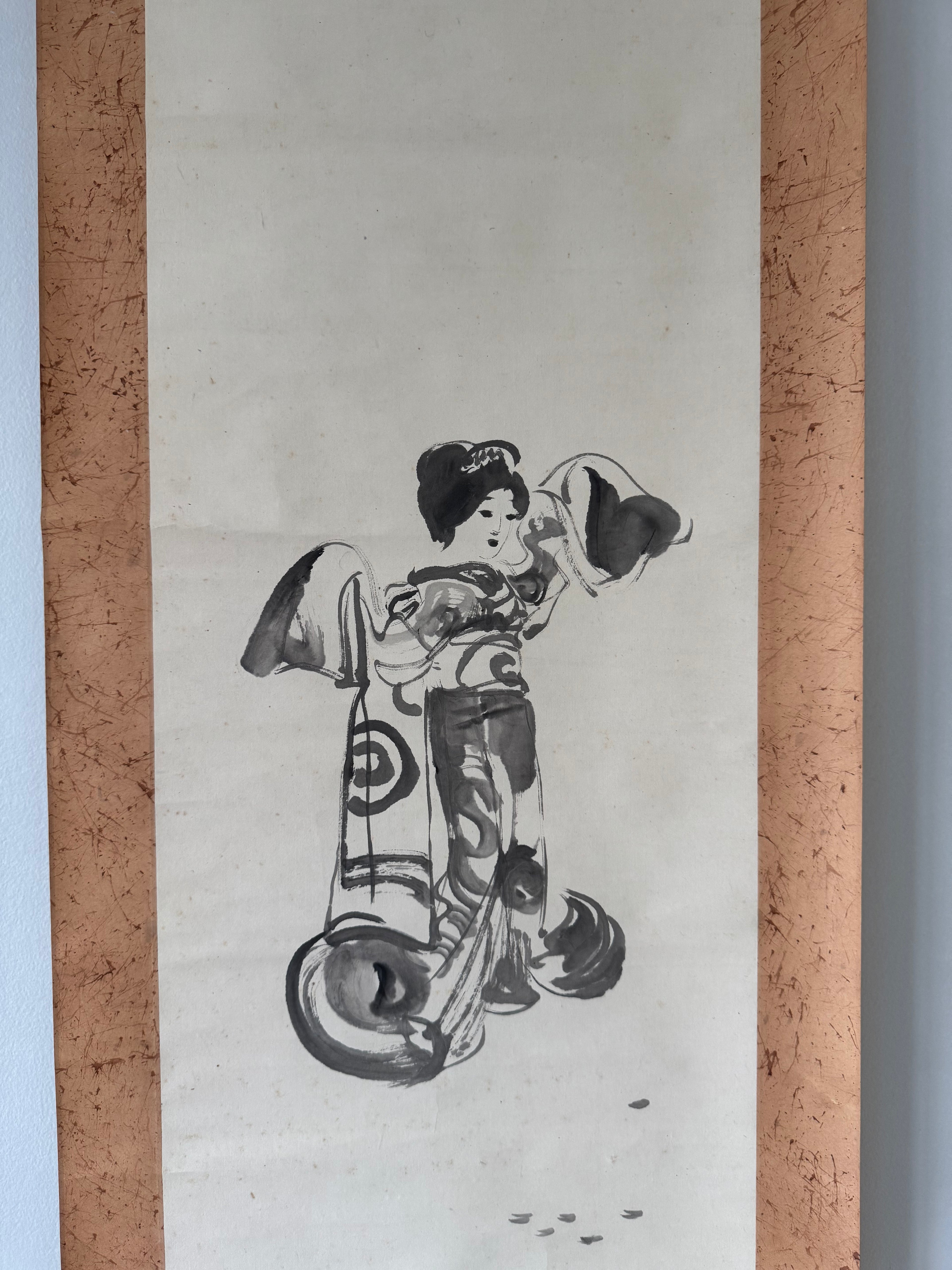 Japanese Kakemono Ink Painting – Kimono Girl Figure Scroll, Sumi-e Artwork, Showa Period