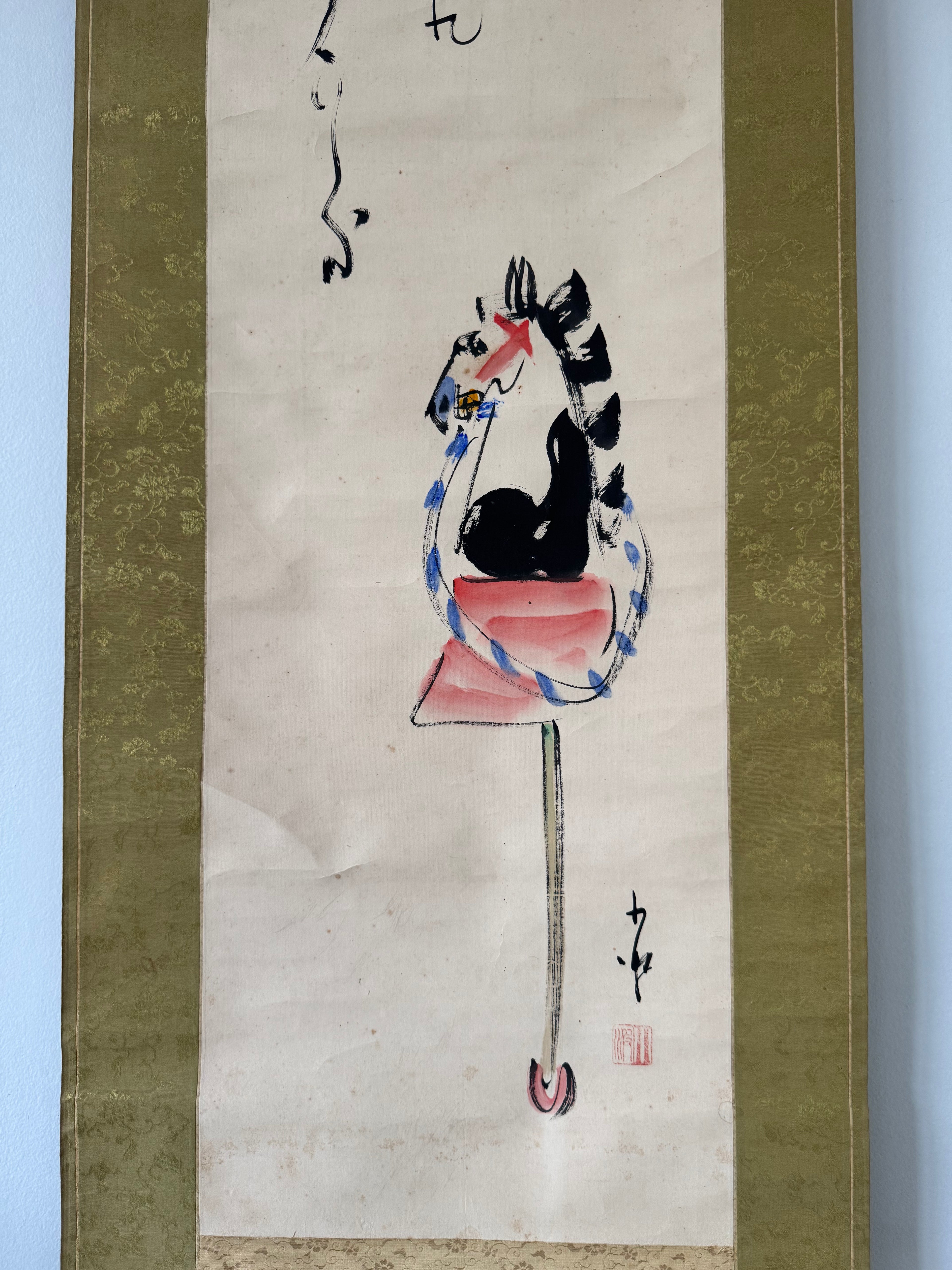 Japanese Hand-Painted Kakemono Horse Calligraphy Scroll – Sumi-e Artwork, Showa Era