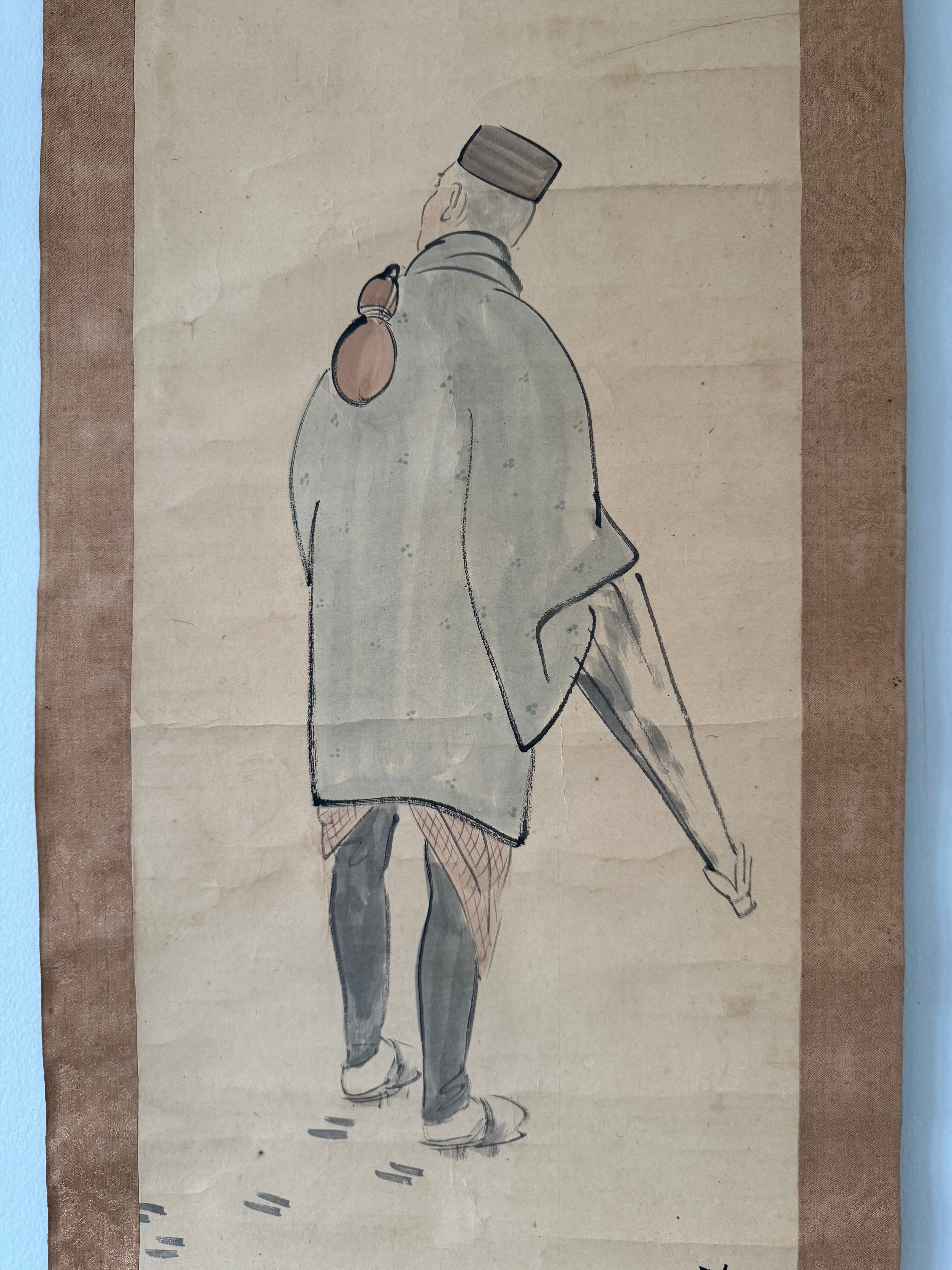 Antique Japanese Kakemono Elderly Man Calligraphy Scroll – Hand-Painted Sumi Artwork