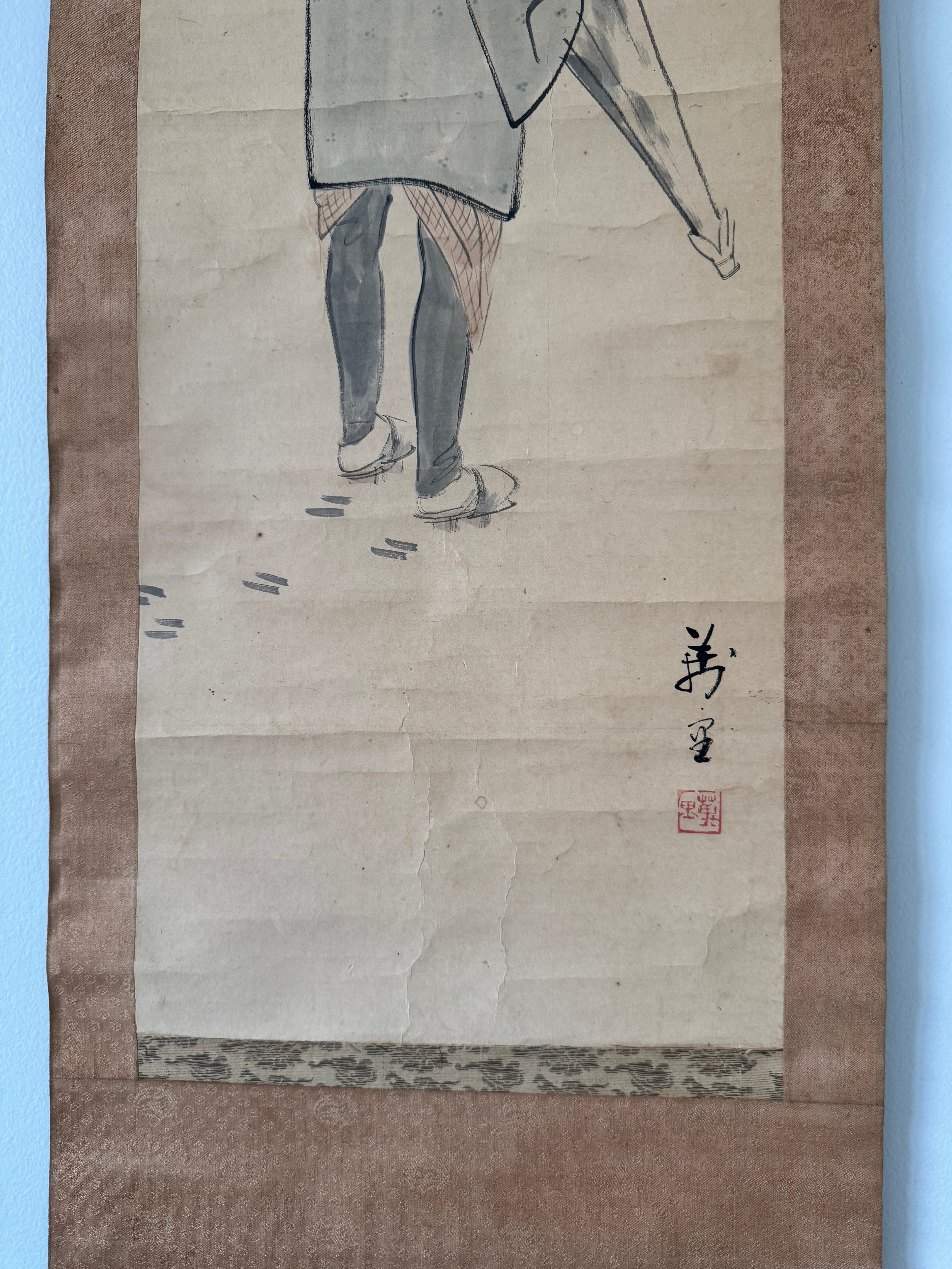 Antique Japanese Kakemono Elderly Man Calligraphy Scroll – Hand-Painted Sumi Artwork