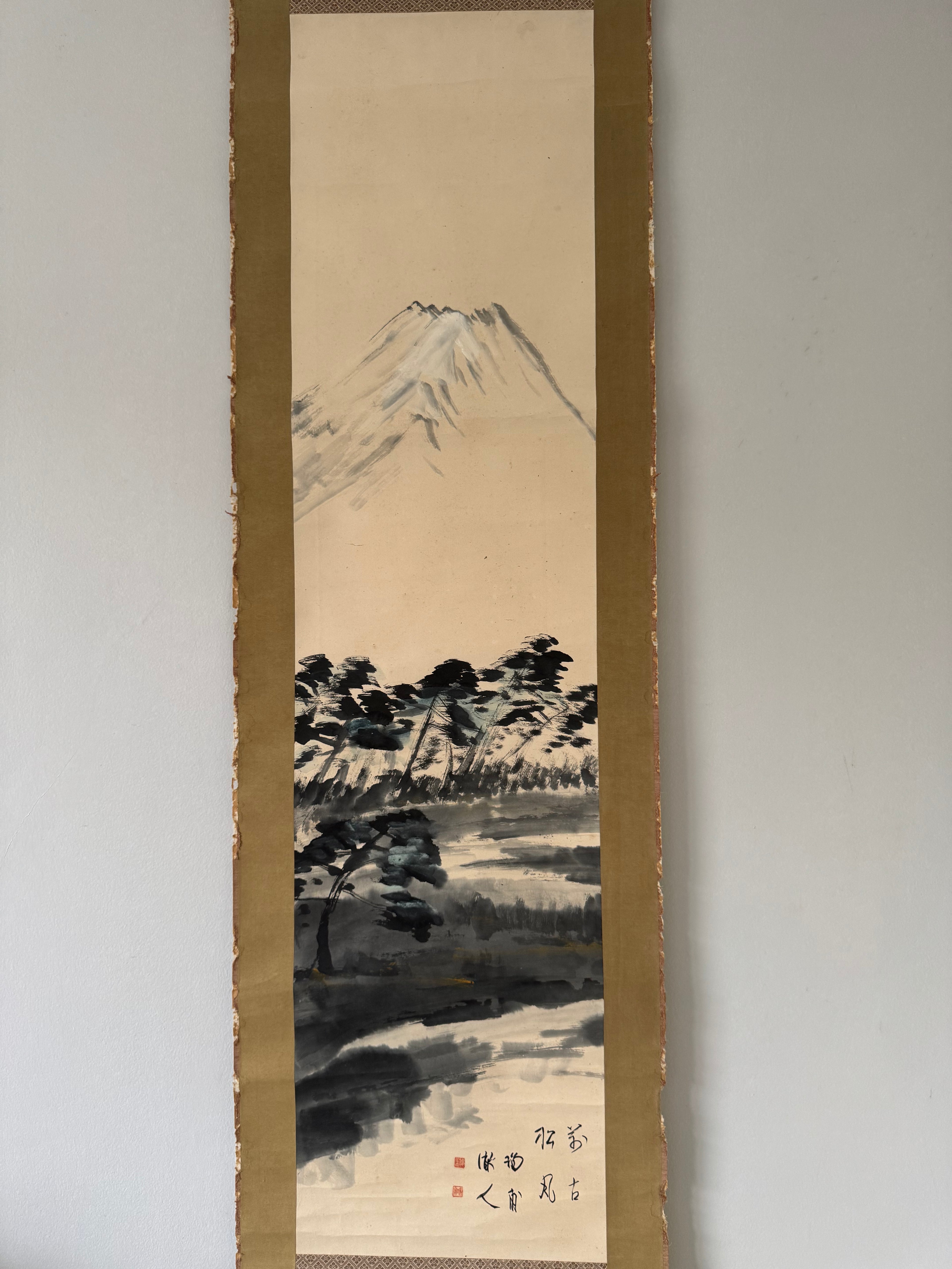 Vintage Japanese Kakemono Sumi-e Landscape Scroll – Mount Fuji Style Ink Painting with Calligraphy – Hand Painted Vintage Wall Art