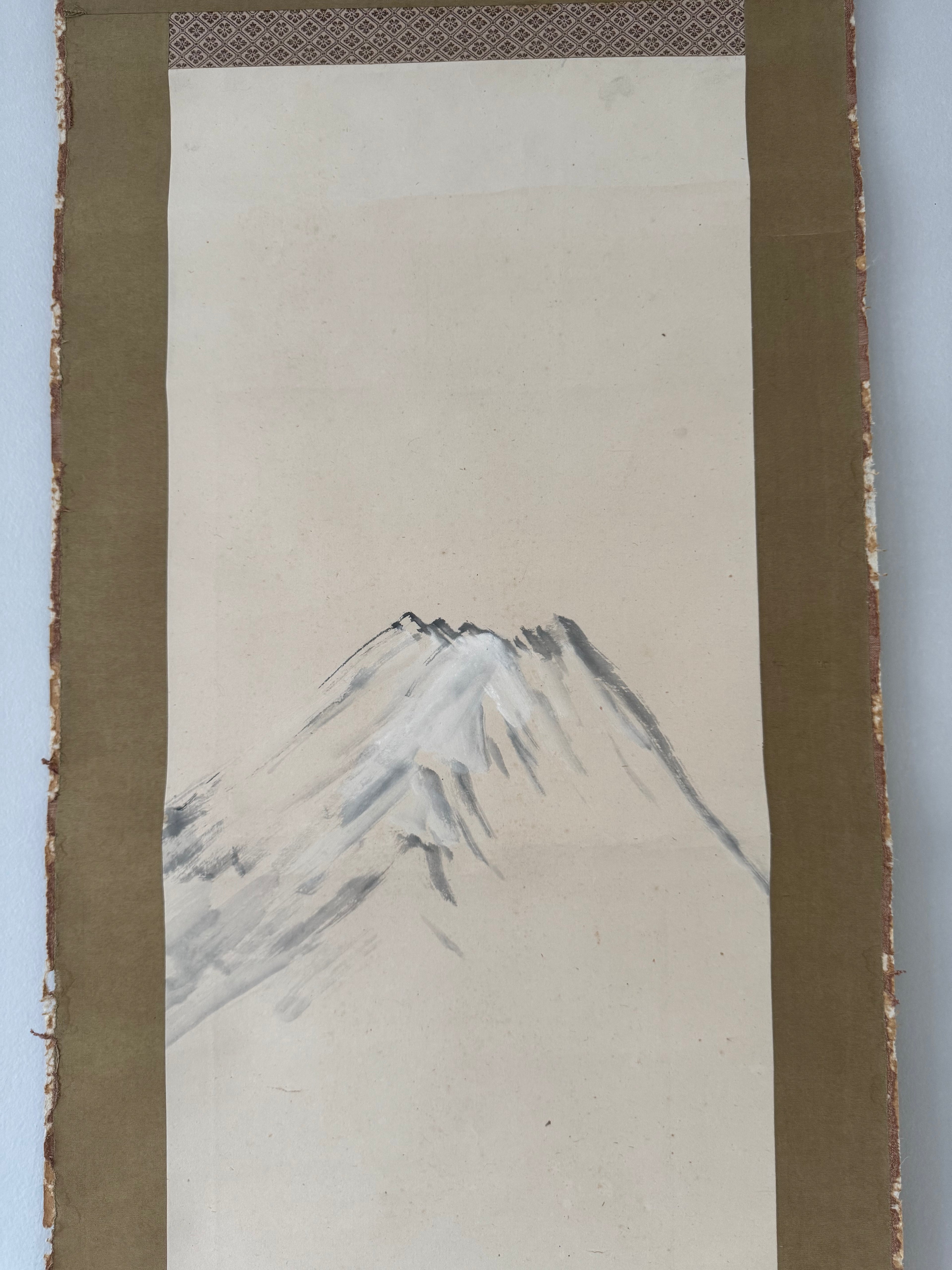 Vintage Japanese Kakemono Sumi-e Landscape Scroll – Mount Fuji Style Ink Painting with Calligraphy – Hand Painted Vintage Wall Art