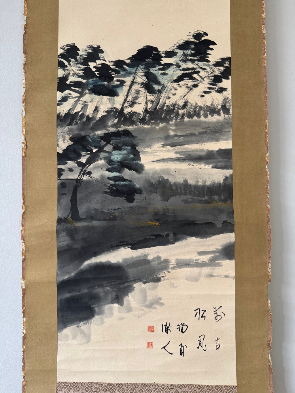 Vintage Japanese Kakemono Sumi-e Landscape Scroll – Mount Fuji Style Ink Painting with Calligraphy – Hand Painted Vintage Wall Art