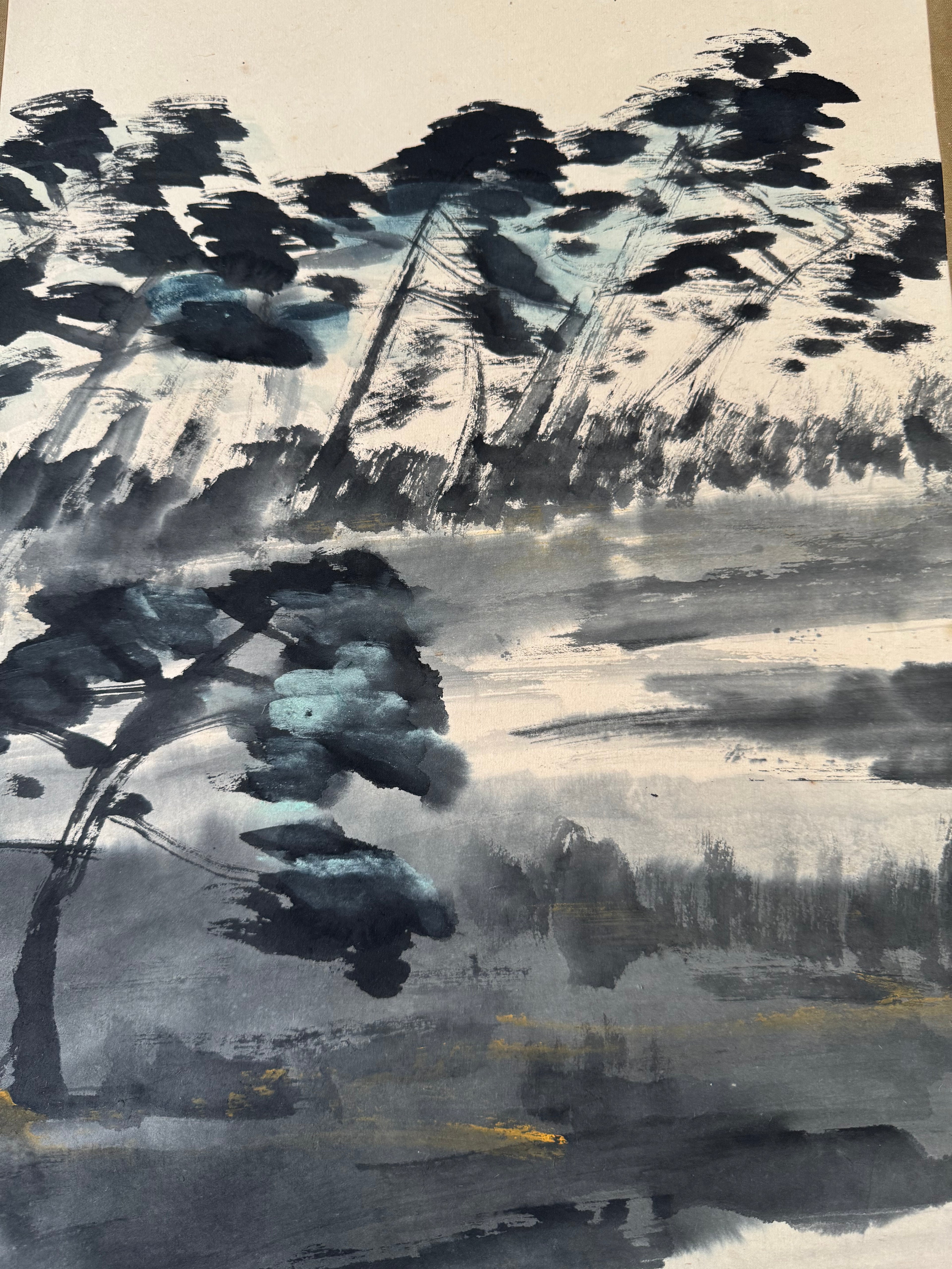 Vintage Japanese Kakemono Sumi-e Landscape Scroll – Mount Fuji Style Ink Painting with Calligraphy – Hand Painted Vintage Wall Art