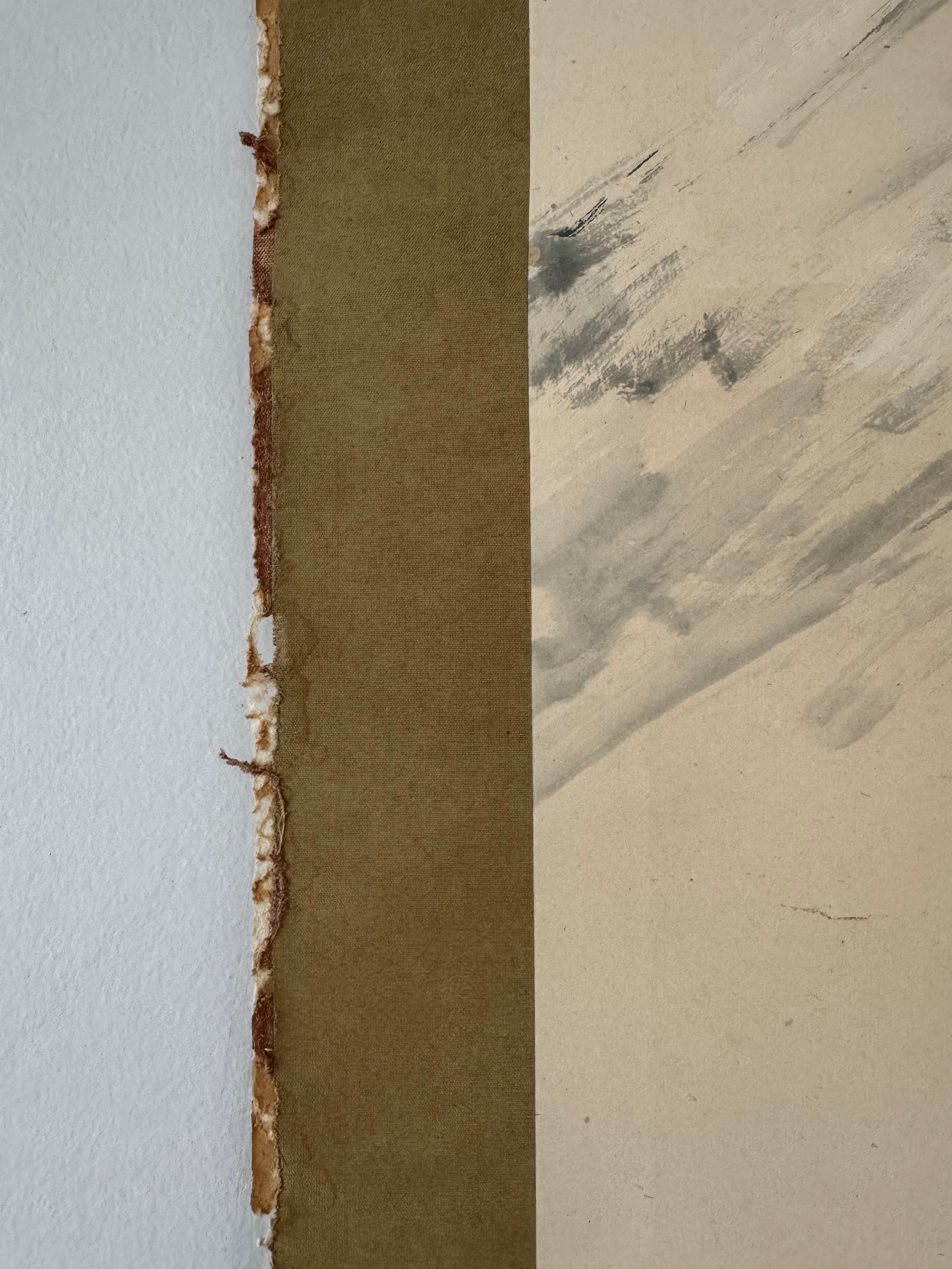 Vintage Japanese Kakemono Sumi-e Landscape Scroll – Mount Fuji Style Ink Painting with Calligraphy – Hand Painted Vintage Wall Art