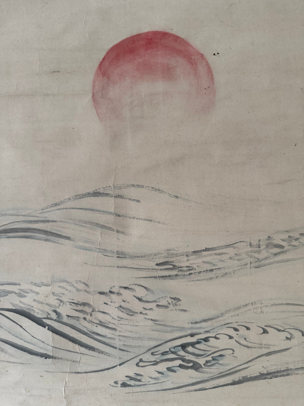 Vintage Japanese Kakemono Sunrise & Ocean Waves – Hand Painted Sumi-e Scroll, Very Aged Condition