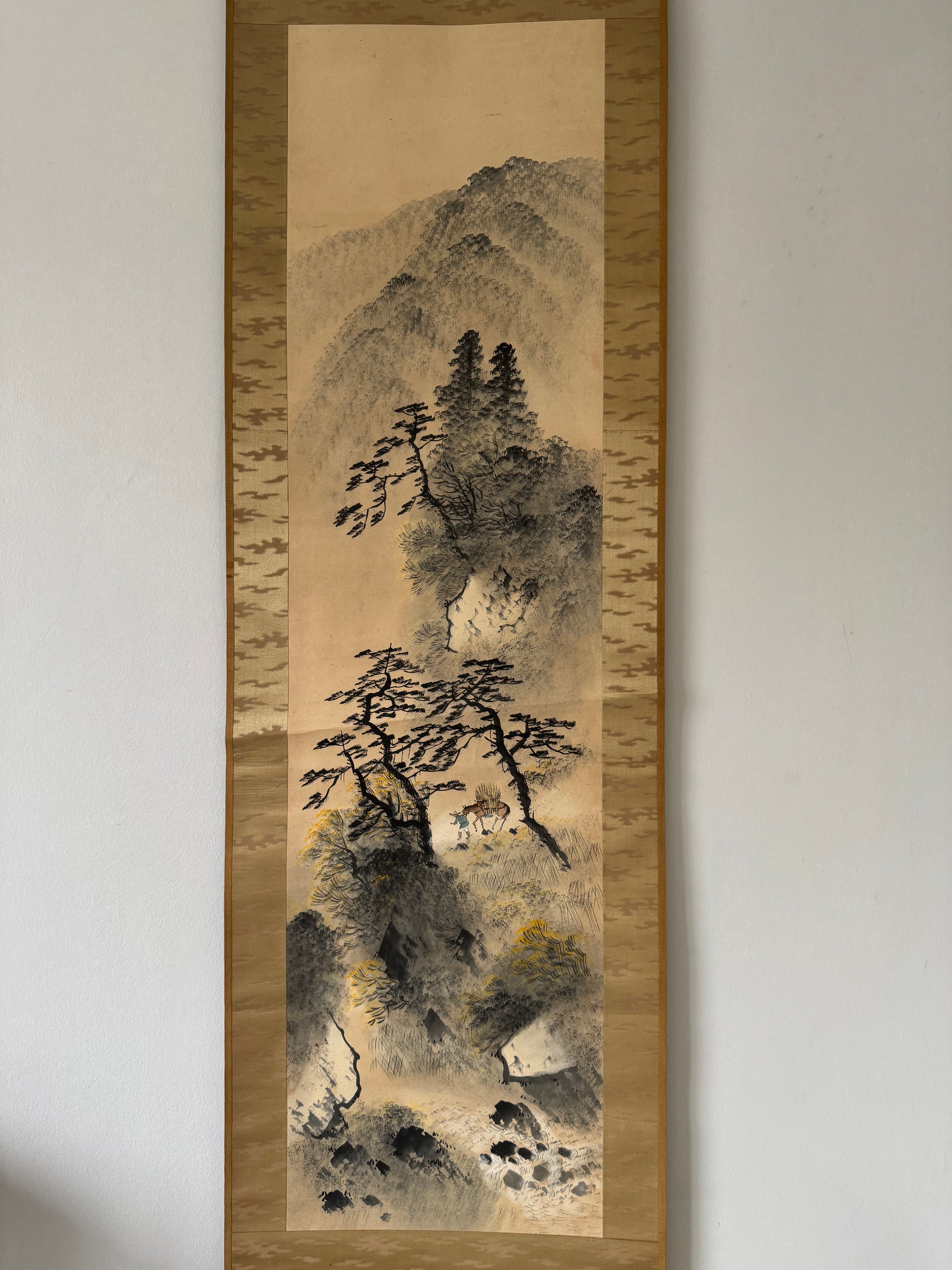 Vintage Japanese Kakemono Sumi-e Landscape Scroll with Figure & Horse – Hand Painted Ink on Paper, Porcelain Roller