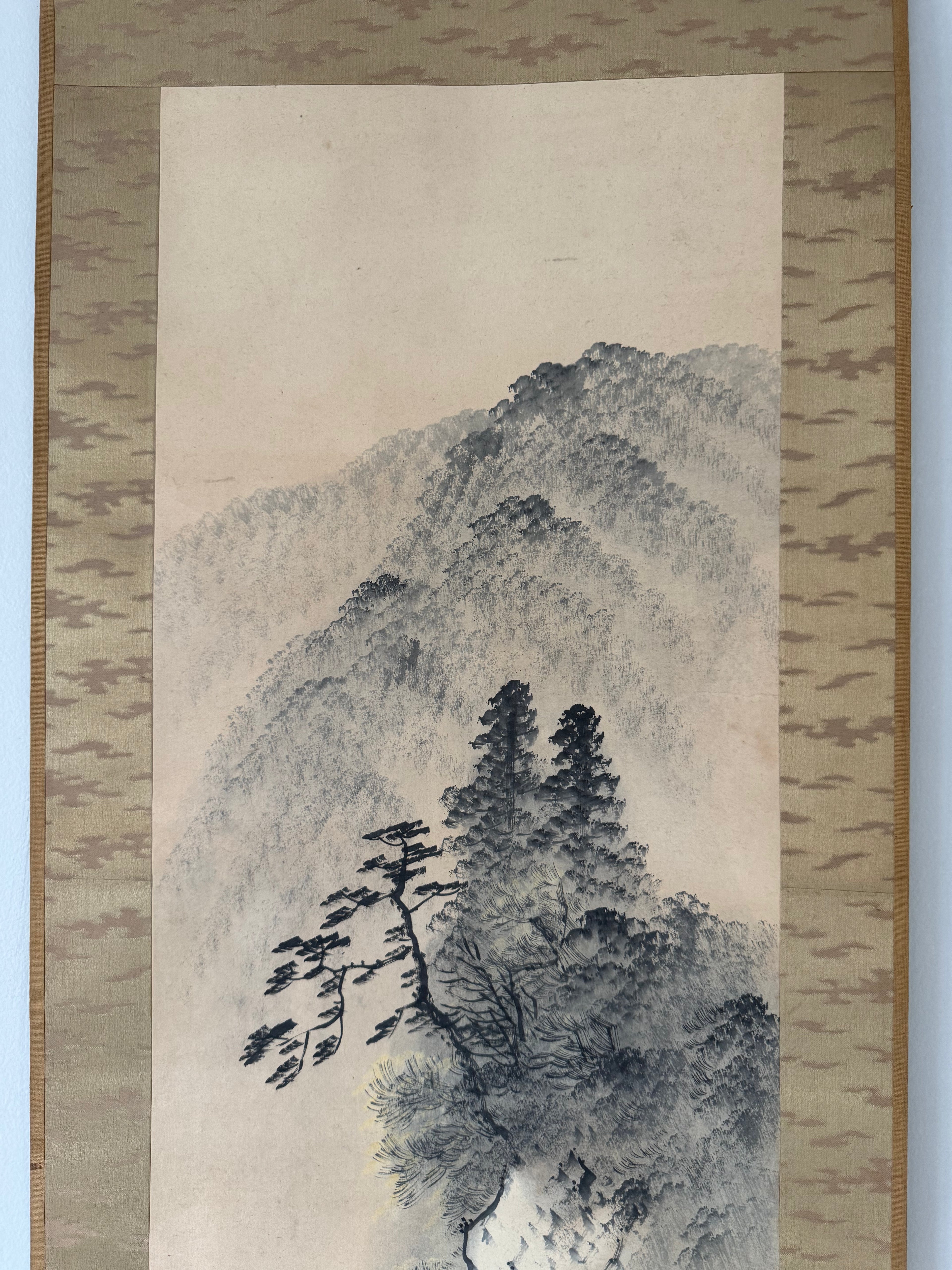 Vintage Japanese Kakemono Sumi-e Landscape Scroll with Figure & Horse – Hand Painted Ink on Paper, Porcelain Roller