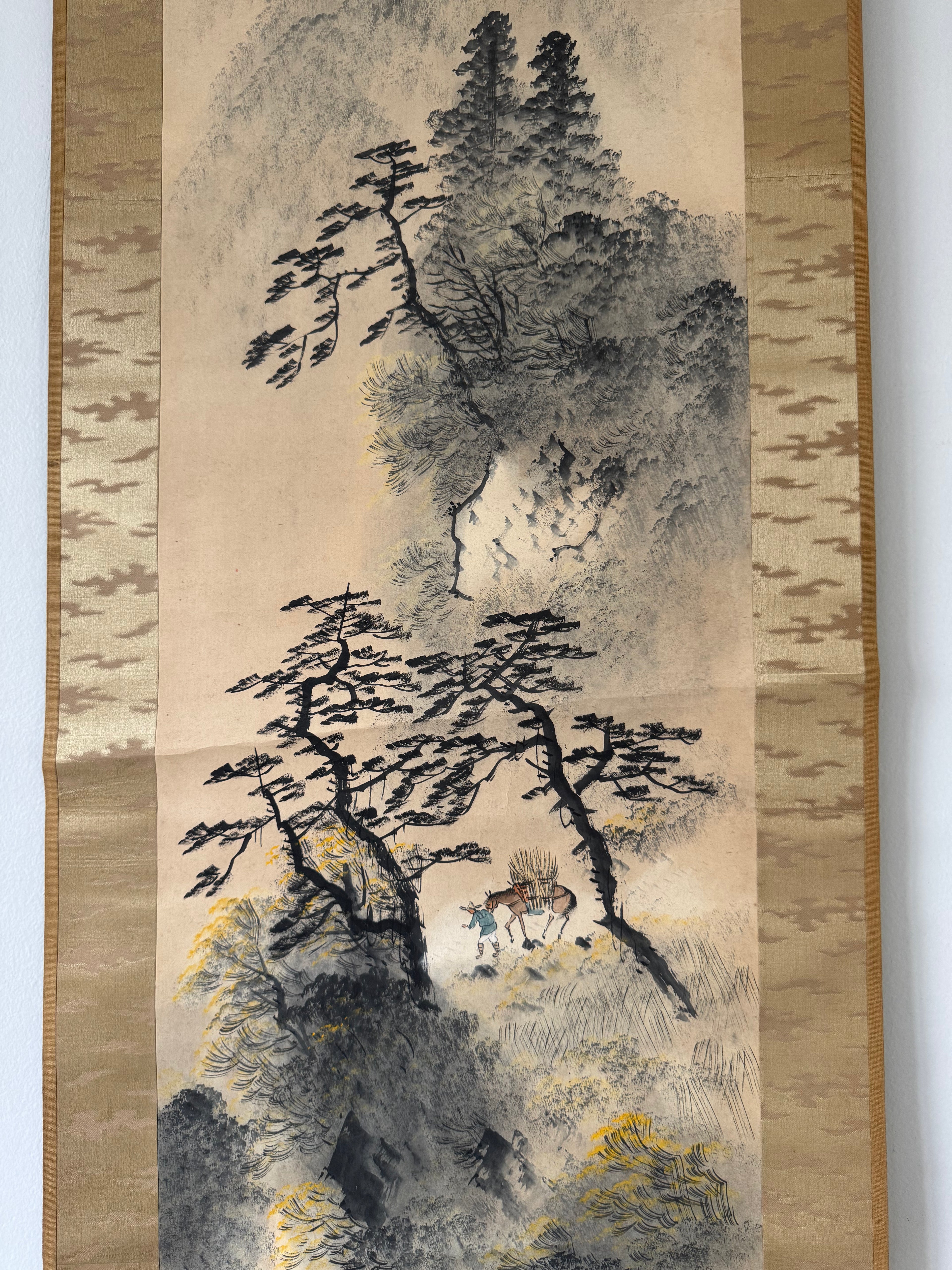 Vintage Japanese Kakemono Sumi-e Landscape Scroll with Figure & Horse – Hand Painted Ink on Paper, Porcelain Roller