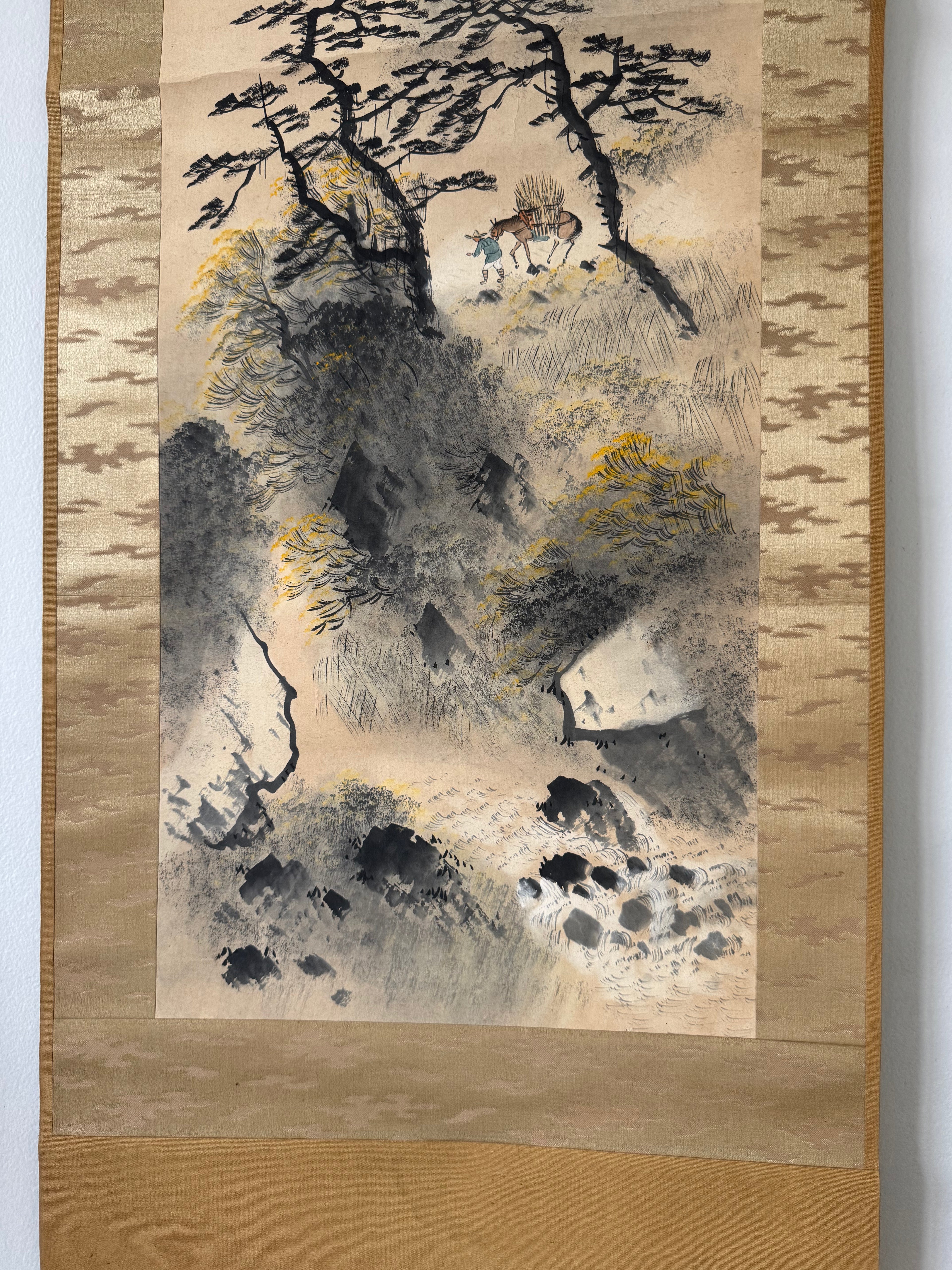 Vintage Japanese Kakemono Sumi-e Landscape Scroll with Figure & Horse – Hand Painted Ink on Paper, Porcelain Roller
