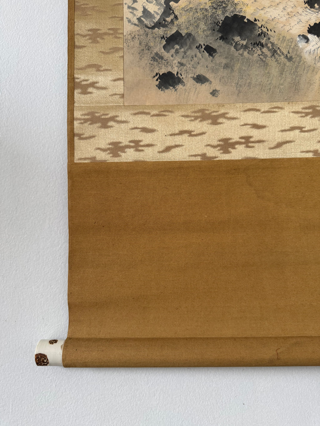 Vintage Japanese Kakemono Sumi-e Landscape Scroll with Figure & Horse – Hand Painted Ink on Paper, Porcelain Roller