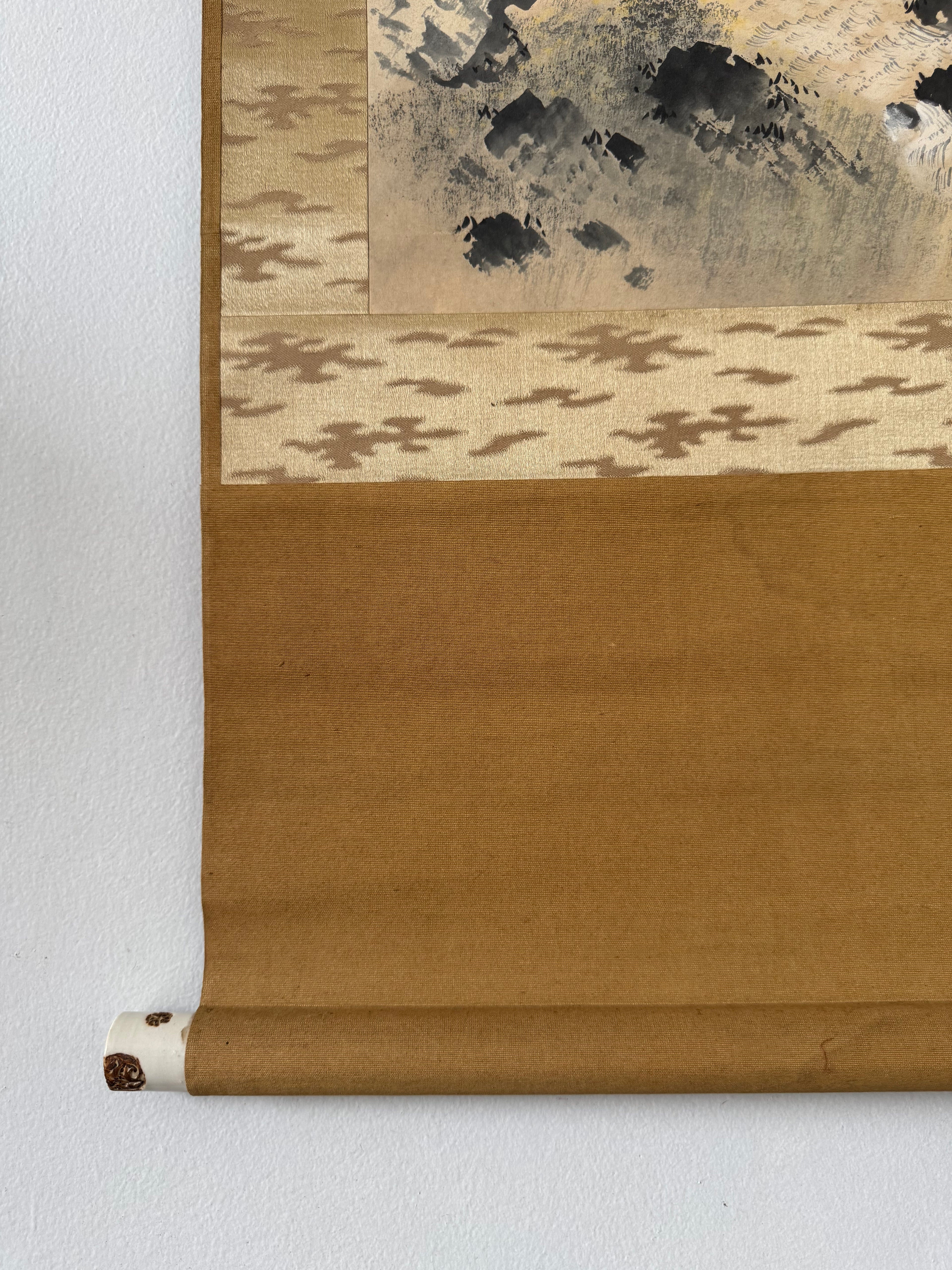 Vintage Japanese Kakemono Sumi-e Landscape Scroll with Figure & Horse – Hand Painted Ink on Paper, Porcelain Roller