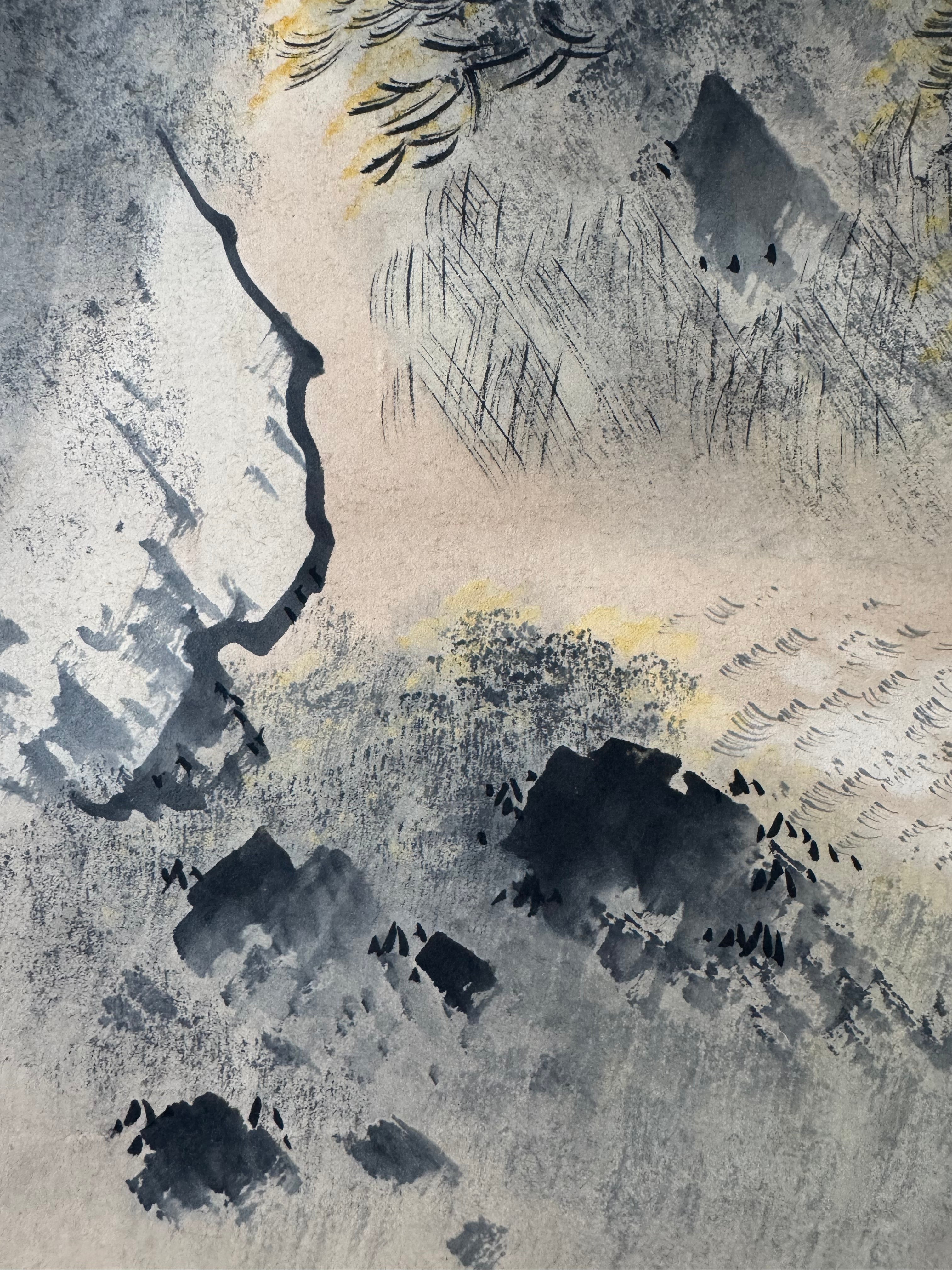 Vintage Japanese Kakemono Sumi-e Landscape Scroll with Figure & Horse – Hand Painted Ink on Paper, Porcelain Roller
