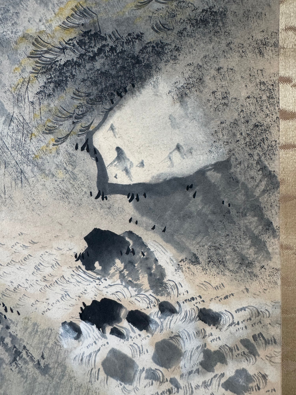 Vintage Japanese Kakemono Sumi-e Landscape Scroll with Figure & Horse – Hand Painted Ink on Paper, Porcelain Roller