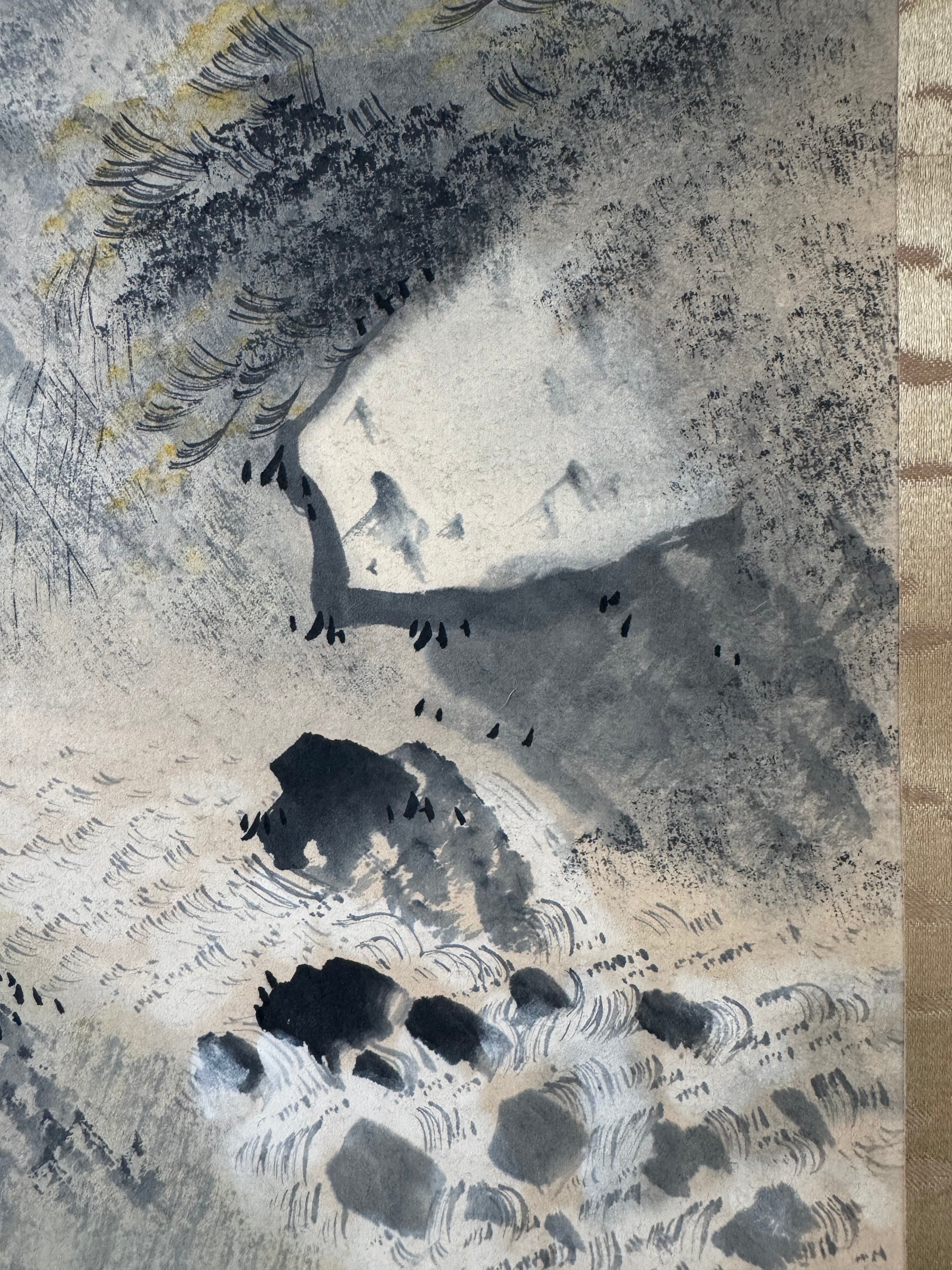 Vintage Japanese Kakemono Sumi-e Landscape Scroll with Figure & Horse – Hand Painted Ink on Paper, Porcelain Roller