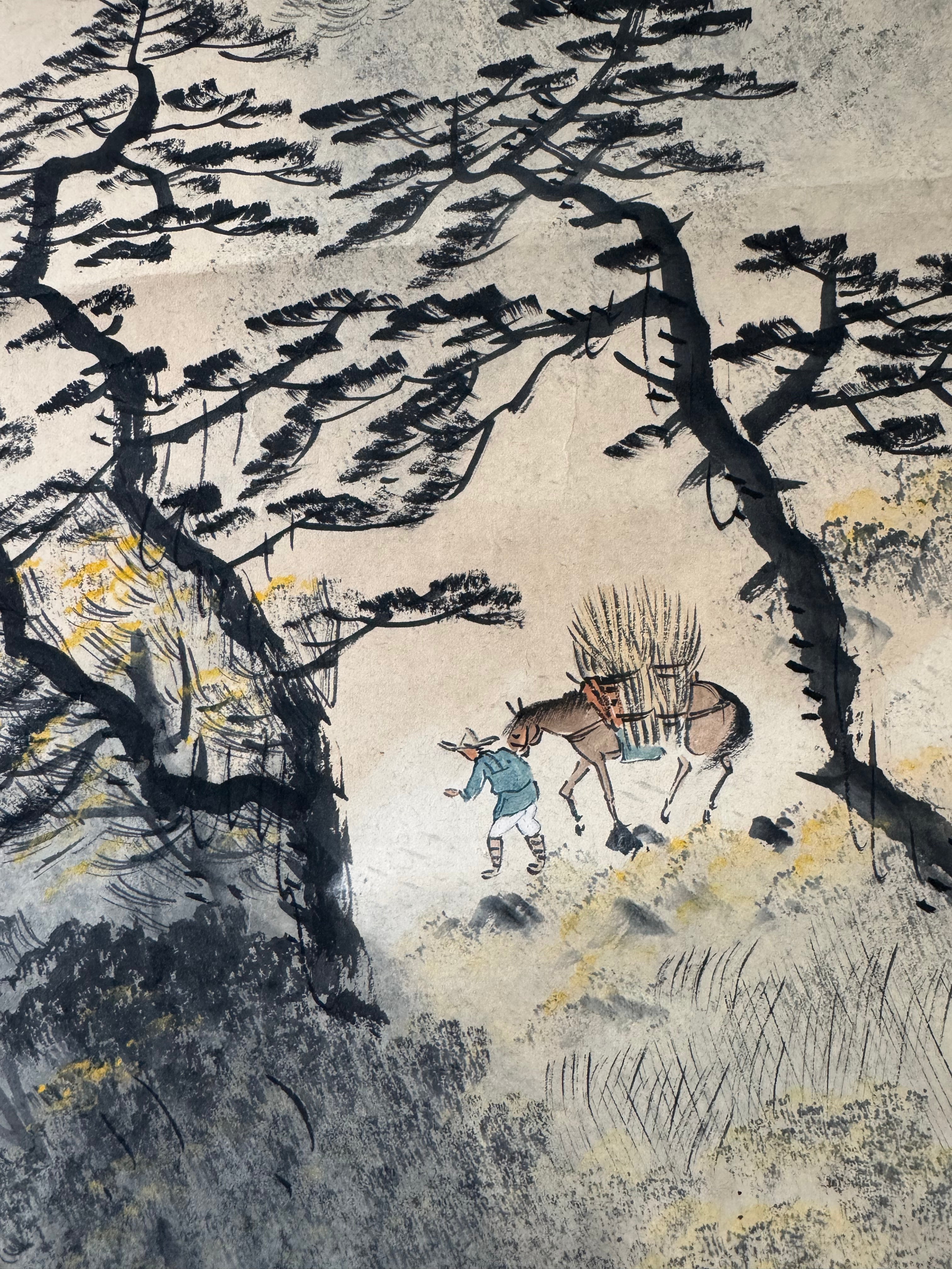 Vintage Japanese Kakemono Sumi-e Landscape Scroll with Figure & Horse – Hand Painted Ink on Paper, Porcelain Roller