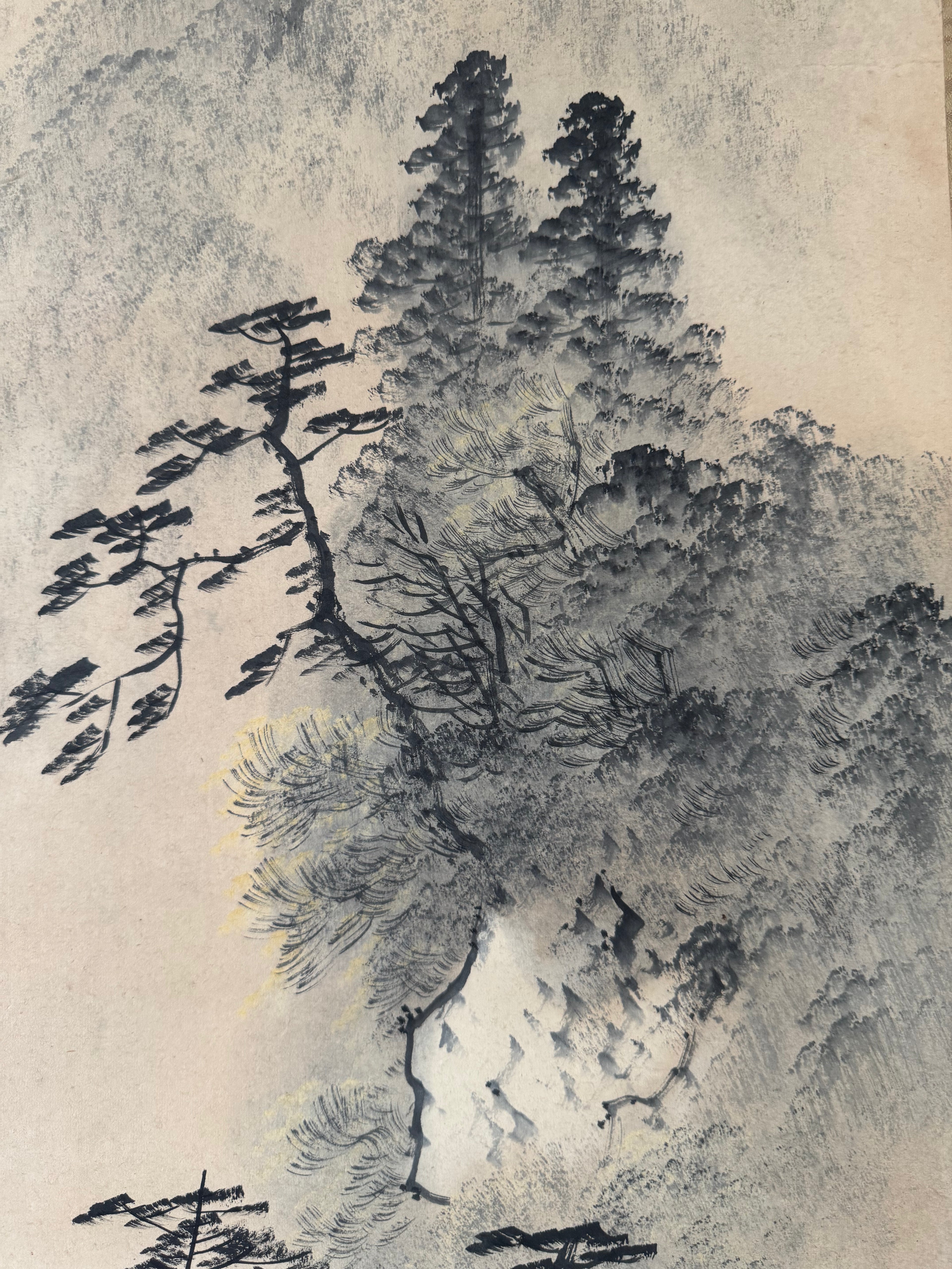 Vintage Japanese Kakemono Sumi-e Landscape Scroll with Figure & Horse – Hand Painted Ink on Paper, Porcelain Roller