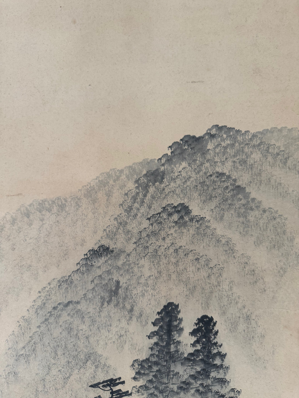 Vintage Japanese Kakemono Sumi-e Landscape Scroll with Figure & Horse – Hand Painted Ink on Paper, Porcelain Roller