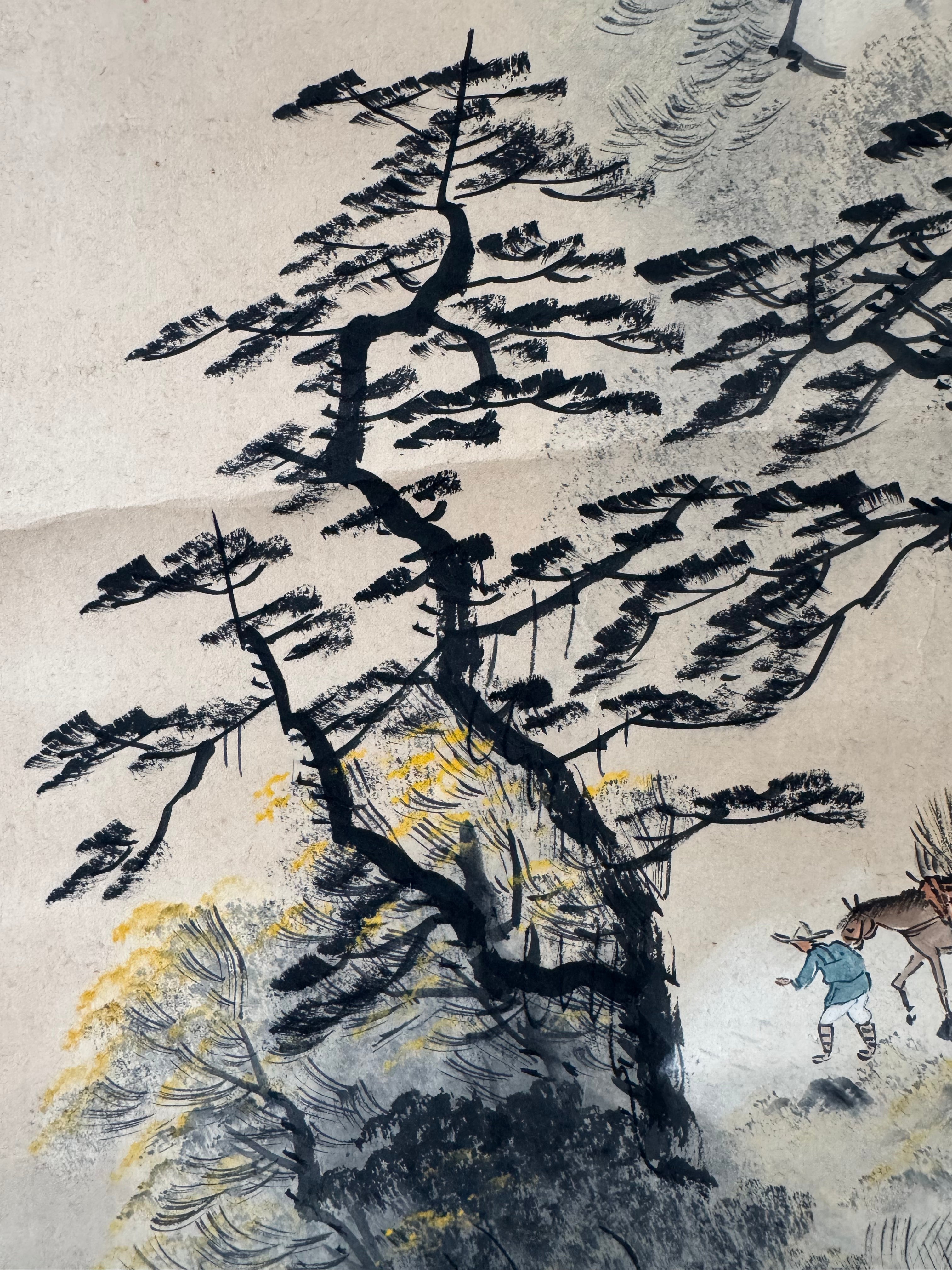 Vintage Japanese Kakemono Sumi-e Landscape Scroll with Figure & Horse – Hand Painted Ink on Paper, Porcelain Roller