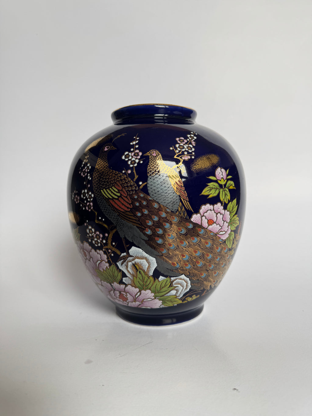 Japanese Cobalt Blue Peacock Vase – Hand Painted Peony Porcelain