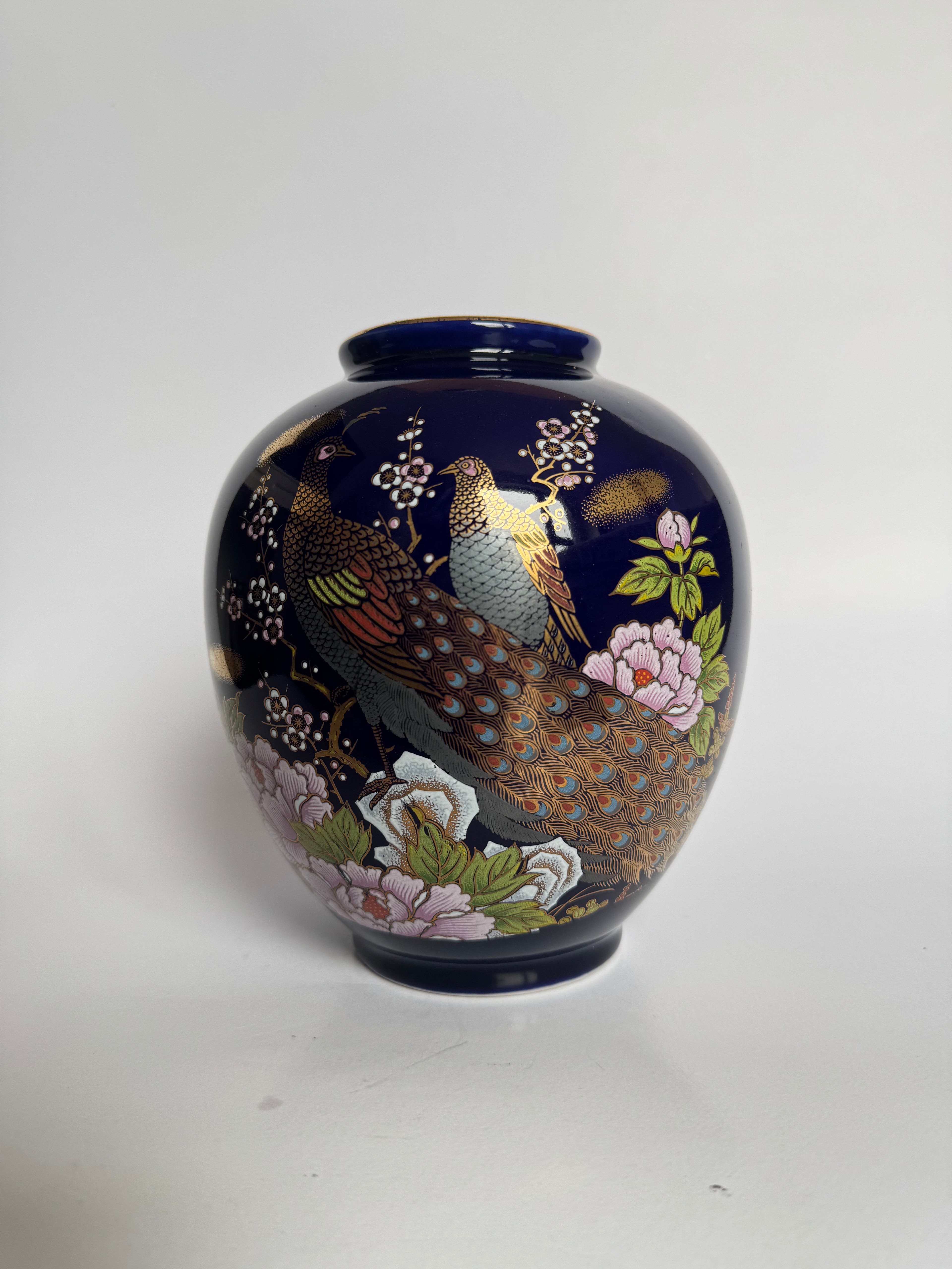 Japanese Cobalt Blue Peacock Vase – Hand Painted Peony Porcelain